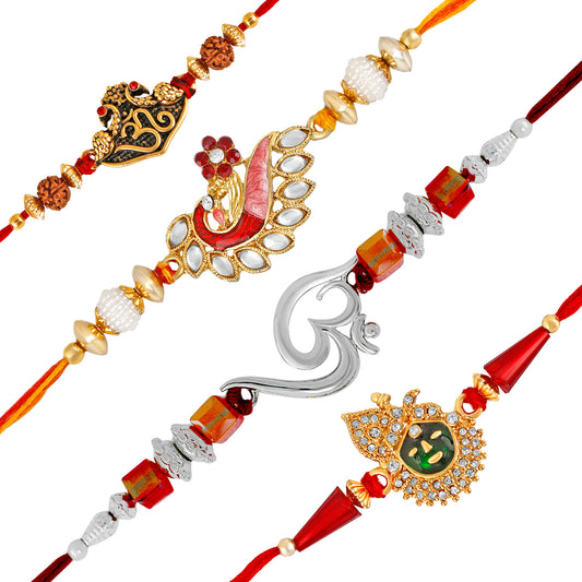Combo of 4 Divine Assorted Meenakari Om Rudraksh, Lord Tirupati Balaji and Feathery Peacock Rakhi (Bracelet)