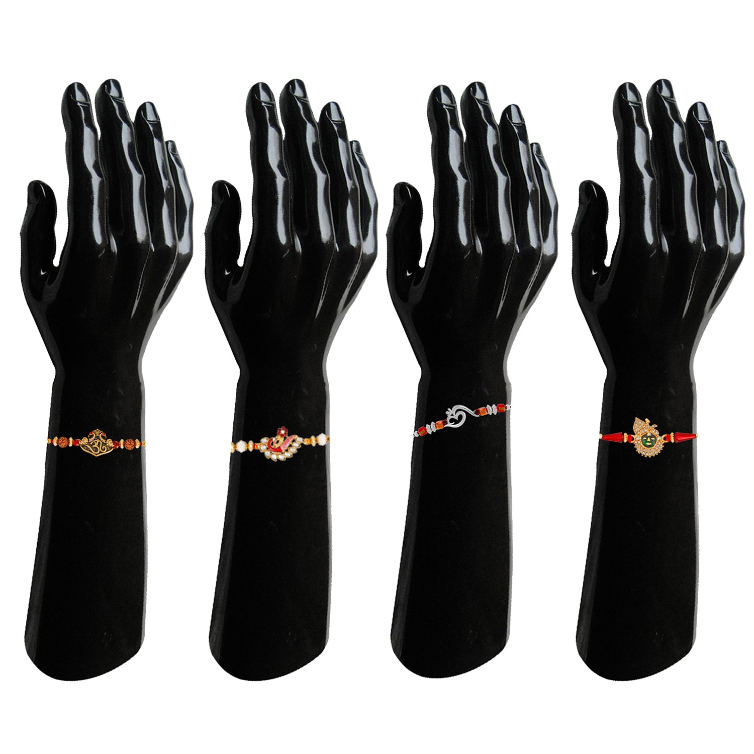 Combo of 4 Divine Assorted Meenakari Om Rudraksh, Lord Tirupati Balaji and Feathery Peacock Rakhi (Bracelet)