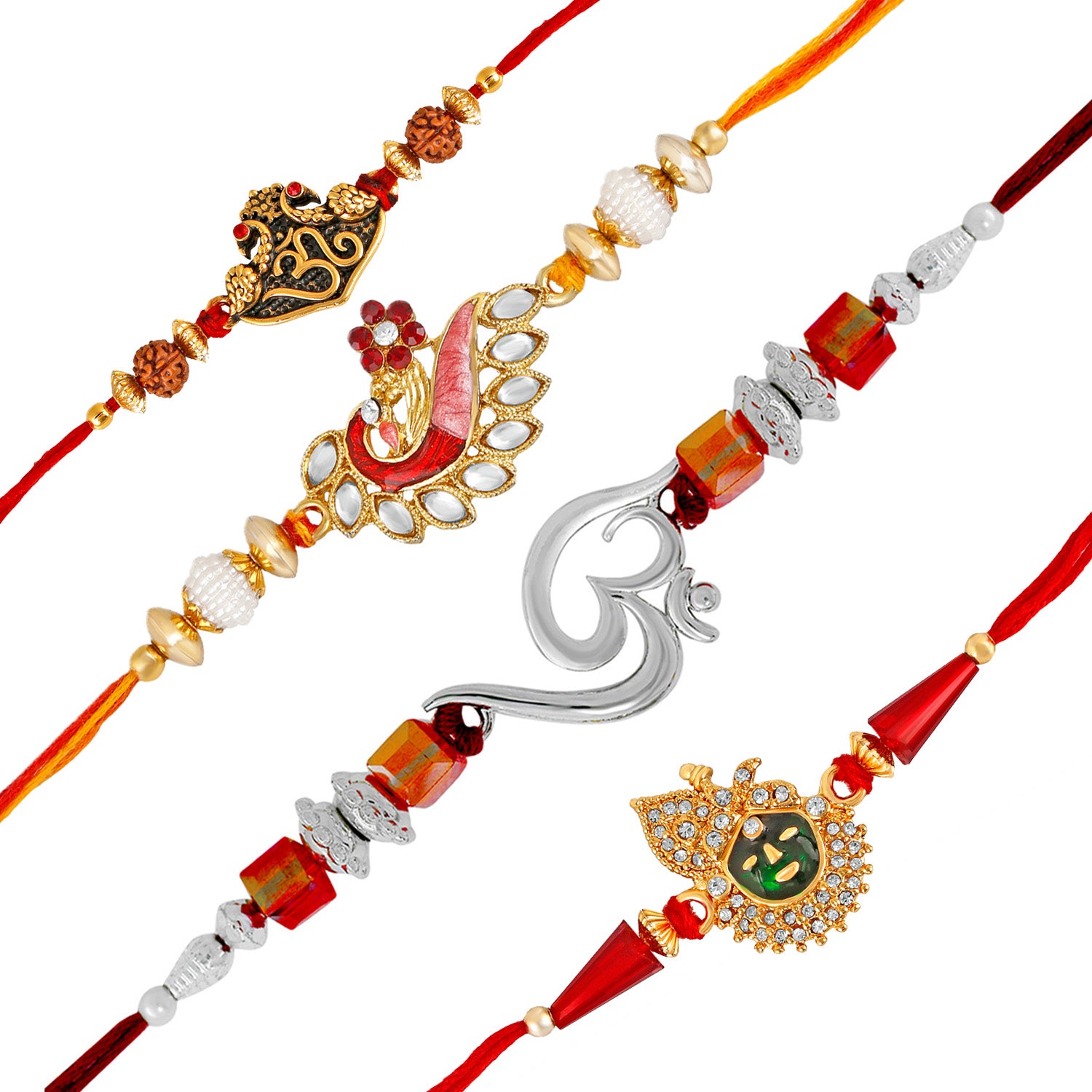 Combo of 4 Divine Assorted Meenakari Om Rudraksh, Lord Tirupati Balaji and Feathery Peacock Rakhi (Bracelet)
