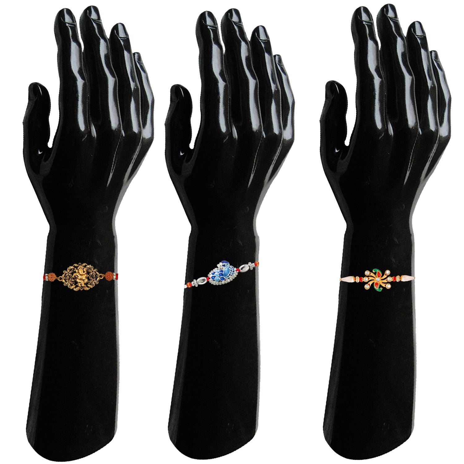 Combo of 3 Designer Assorted Lord Ganesha, Feathery Peacock and sparkling Crystals Rakhi (Bracelet)