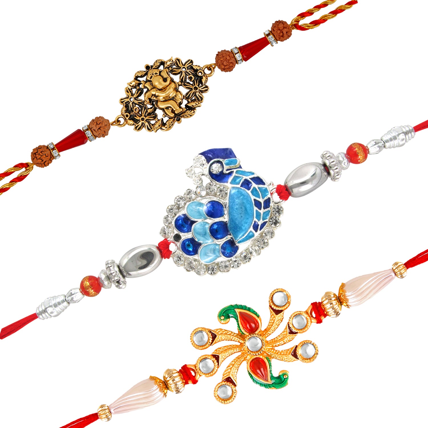 Combo of 3 Designer Assorted Lord Ganesha, Feathery Peacock and sparkling Crystals Rakhi (Bracelet)