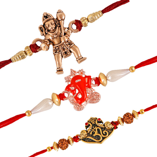 Combo of 3 Purely Divine Jai Hanuman, Vighnaharta Ganesha and Om Rudraksha Rakhi (Bracelet) with Artificial Pearl