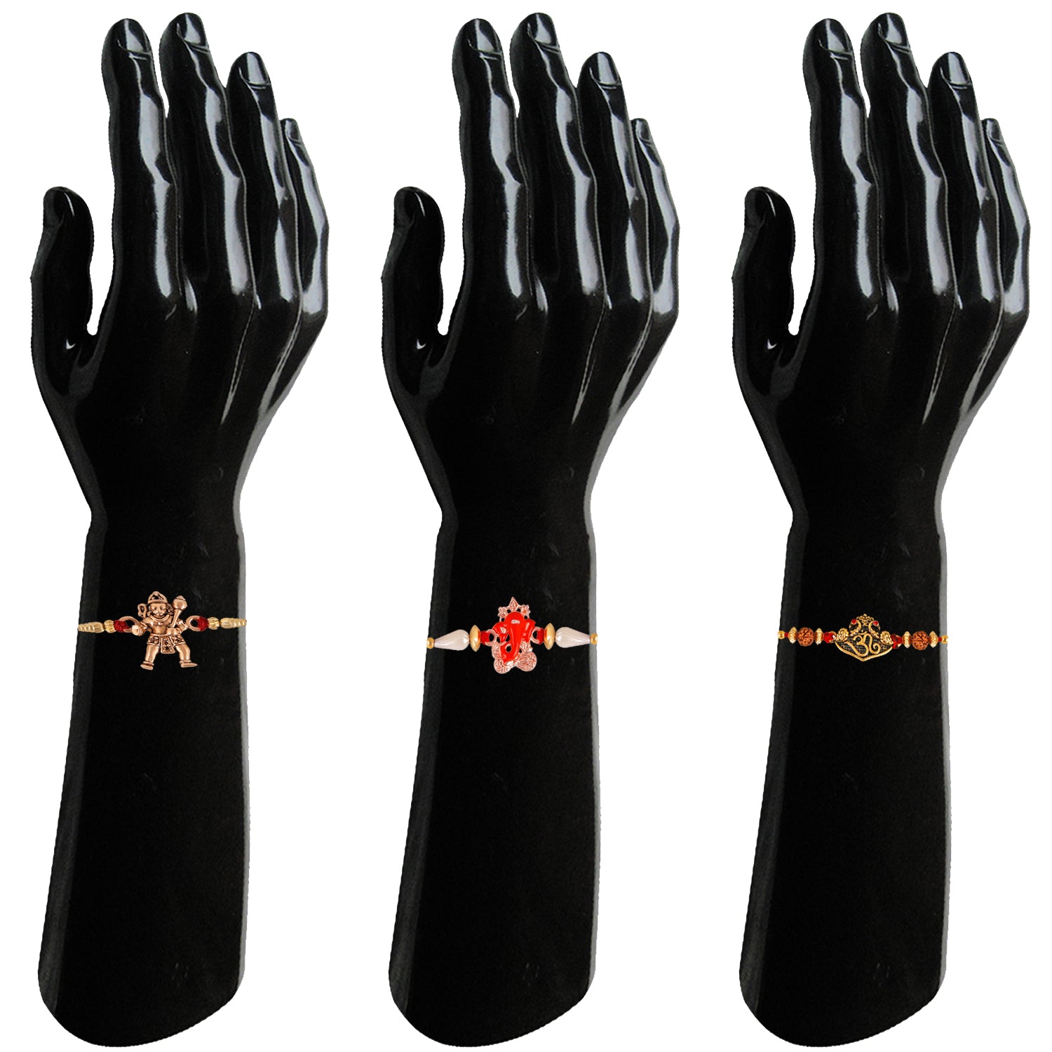 Combo of 3 Purely Divine Jai Hanuman, Vighnaharta Ganesha and Om Rudraksha Rakhi (Bracelet) with Artificial Pearl