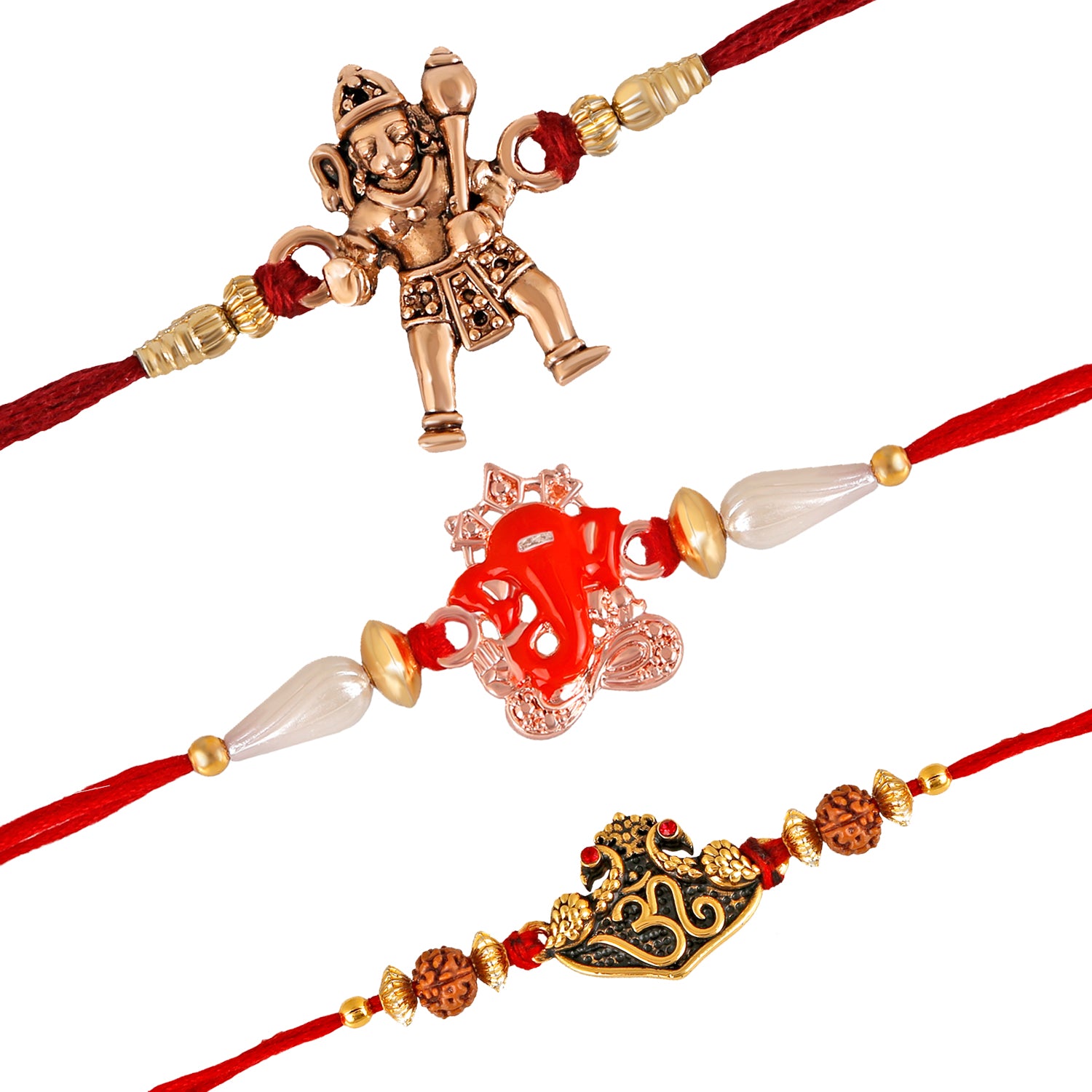 Combo of 3 Purely Divine Jai Hanuman, Vighnaharta Ganesha and Om Rudraksha Rakhi (Bracelet) with Artificial Pearl