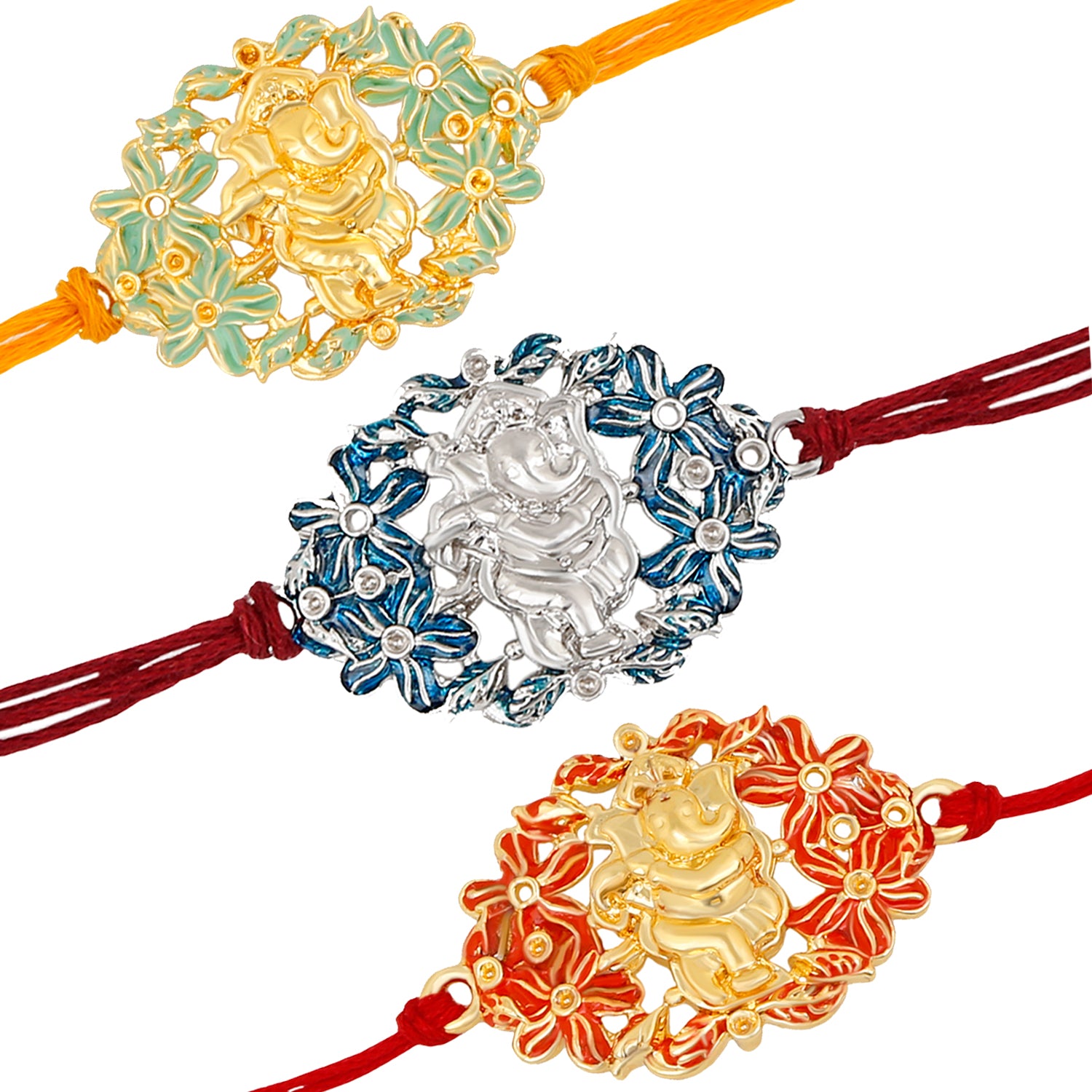 Combo of 3 Floral Meenakari inspired Lord Ganesha Rakhi (Bracelet)