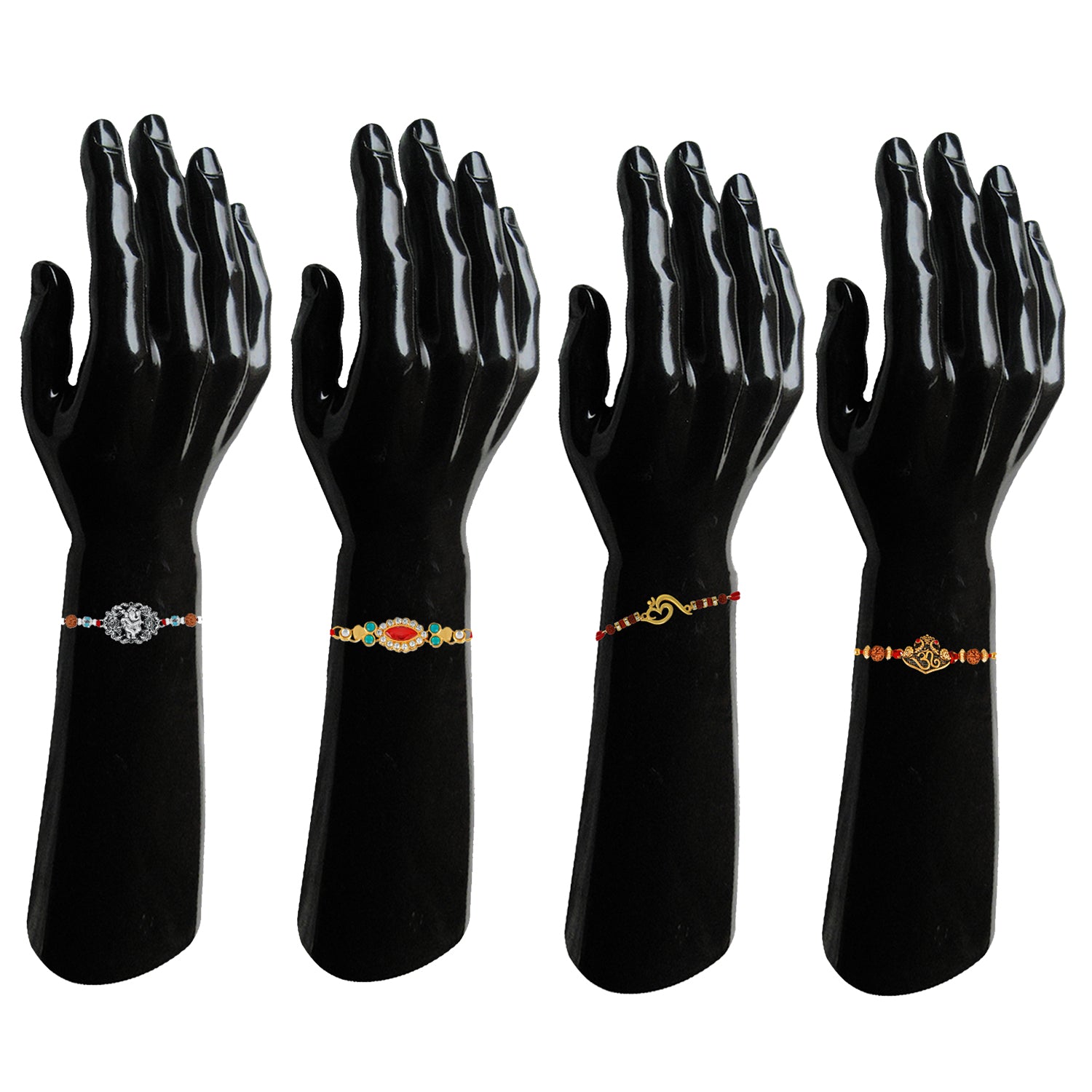 Combo of 4 Auspicious Assorted Lord Ganesha, Om, Rudraksh and designer multicolour crystal Rakhi (Bracelet)