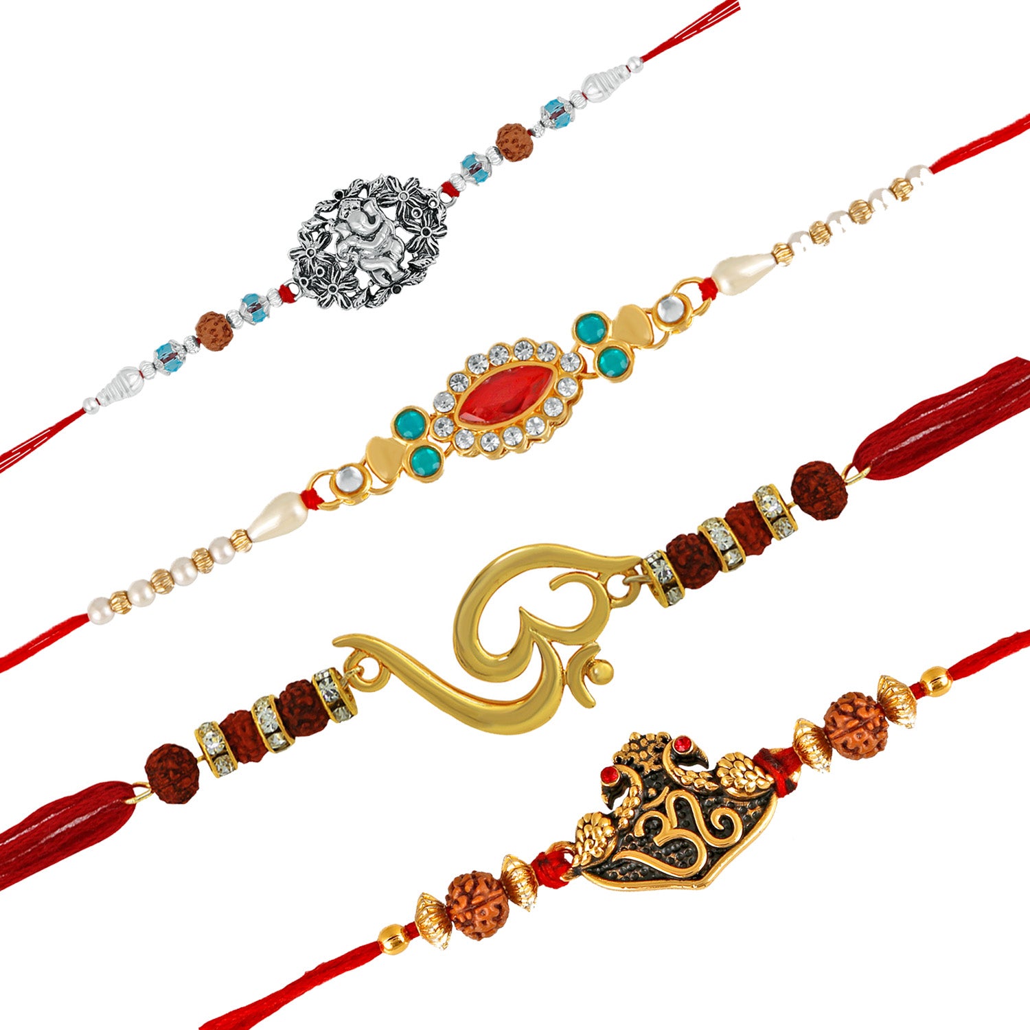 Combo of 4 Auspicious Assorted Lord Ganesha, Om, Rudraksh and designer multicolour crystal Rakhi (Bracelet)