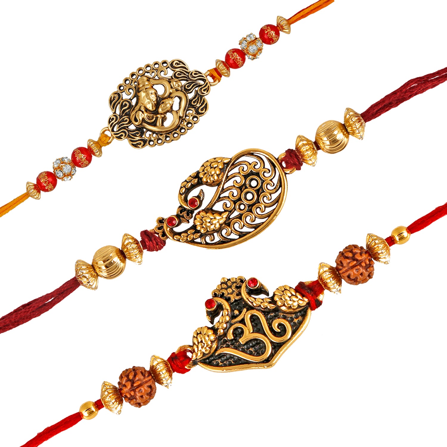 Combo of 3 Om Shivji, Om Rudraksha and Feathery Peacock Rakhi (Bracelet)