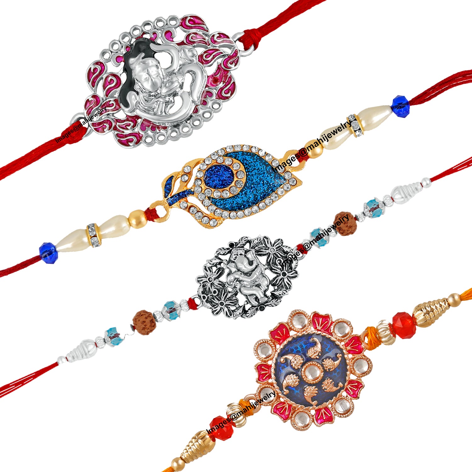 Combo of 4 Om Shivji, Lord Ganesha Rudraksh, Meenakari Peacock Feather and Floral Designer Rakhi (Bracelet)