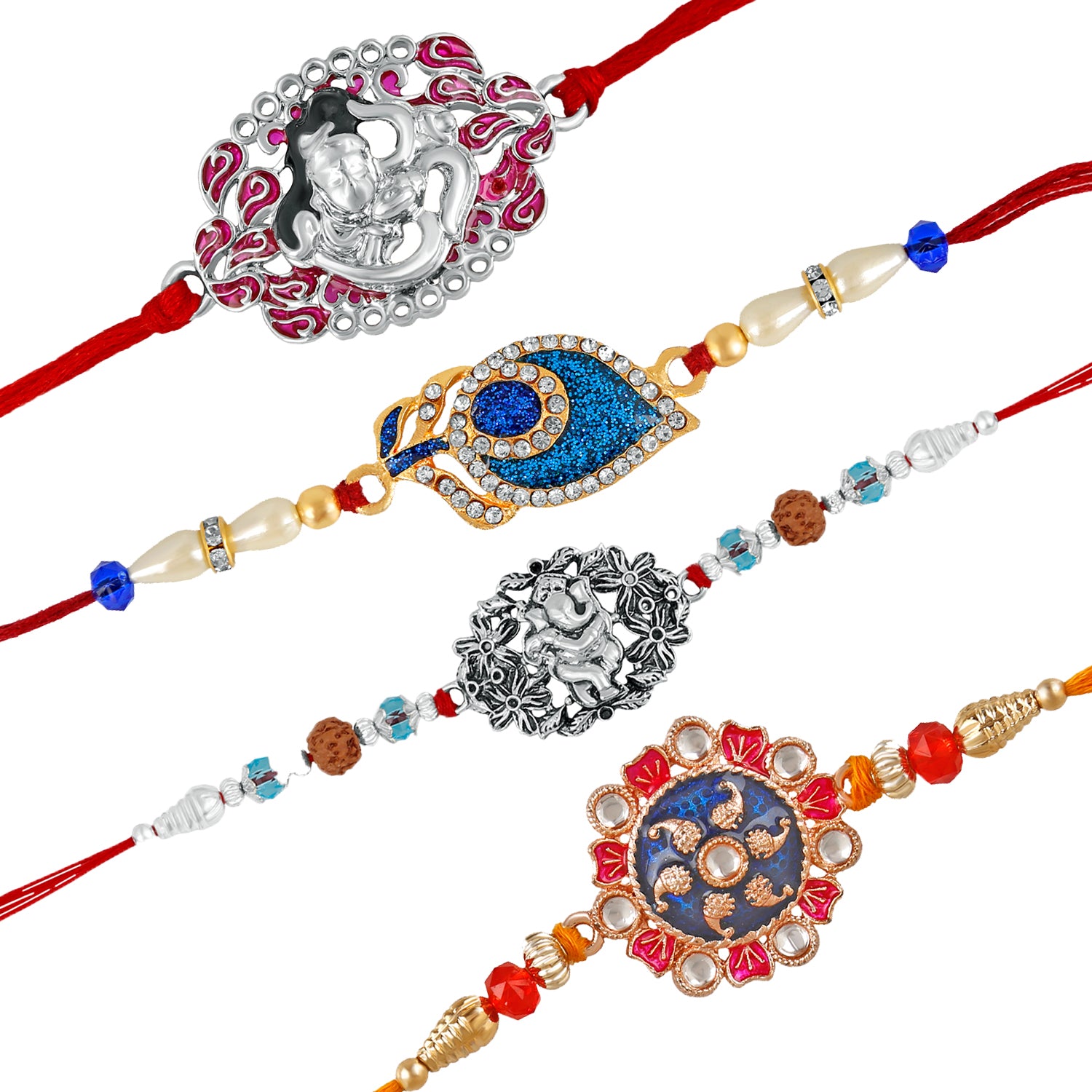 Combo of 4 Om Shivji, Lord Ganesha Rudraksh, Meenakari Peacock Feather and Floral Designer Rakhi (Bracelet)