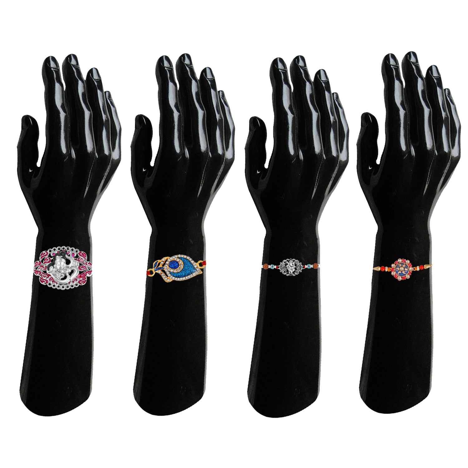 Combo of 4 Om Shivji, Lord Ganesha Rudraksh, Meenakari Peacock Feather and Floral Designer Rakhi (Bracelet)