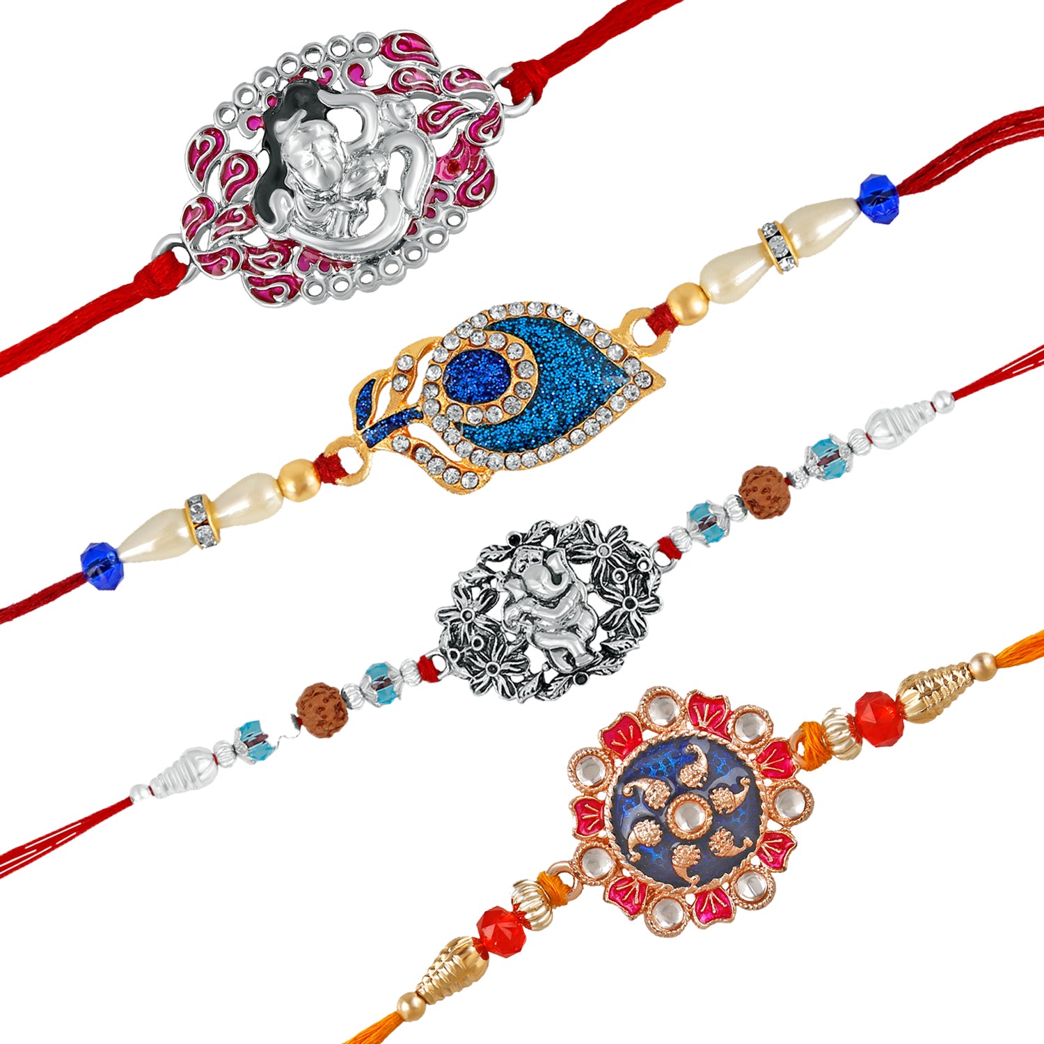 Combo of 4 Om Shivji, Lord Ganesha Rudraksh, Meenakari Peacock Feather and Floral Designer Rakhi (Bracelet)