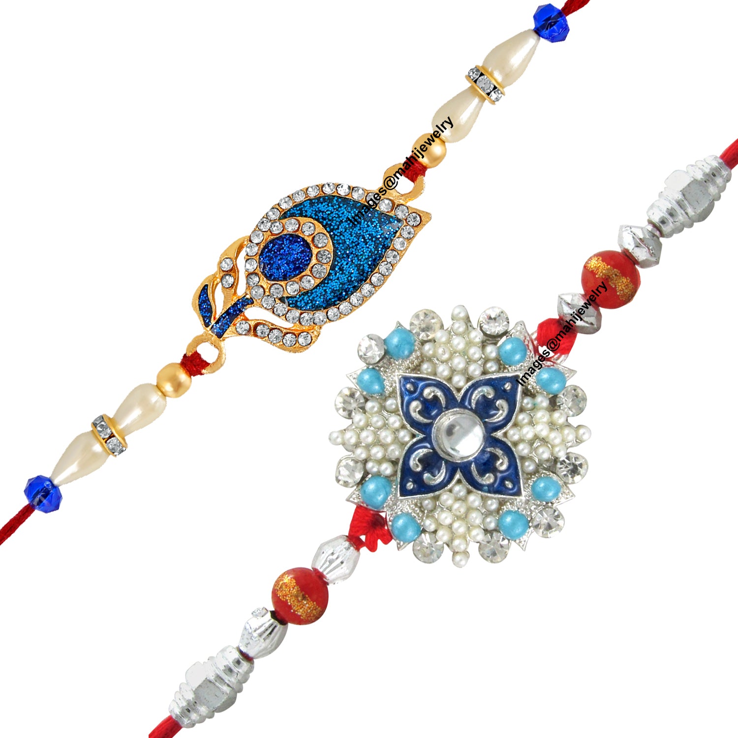 Combo of 2 Exquisite Designer Peacock Feather and Floral Inspired crystal studded Rakhi (Bracelet)