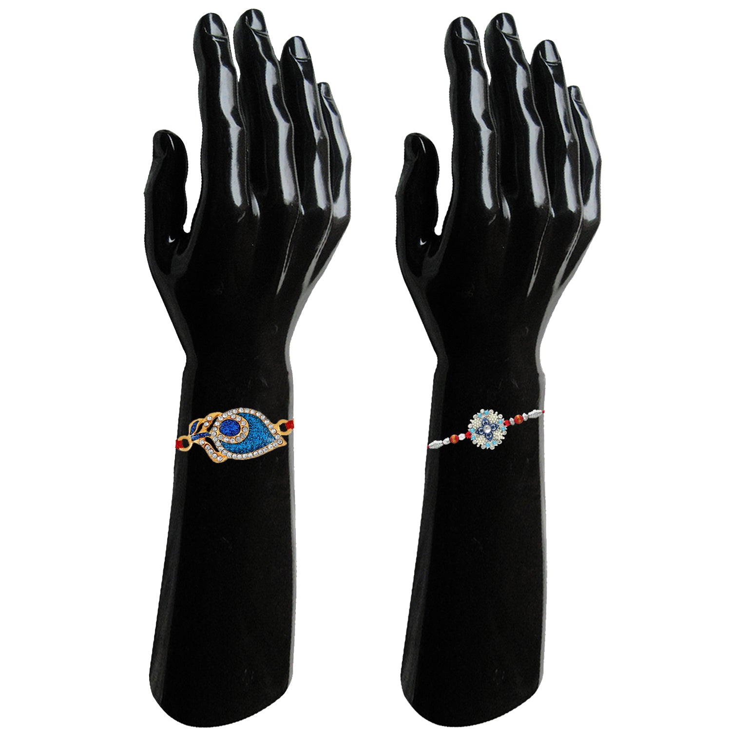 Combo of 2 Exquisite Designer Peacock Feather and Floral Inspired crystal studded Rakhi (Bracelet)