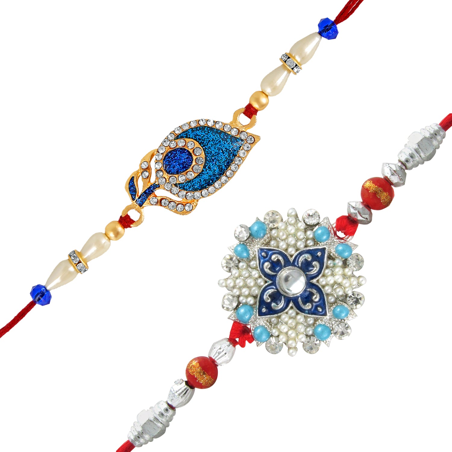 Combo of 2 Exquisite Designer Peacock Feather and Floral Inspired crystal studded Rakhi (Bracelet)
