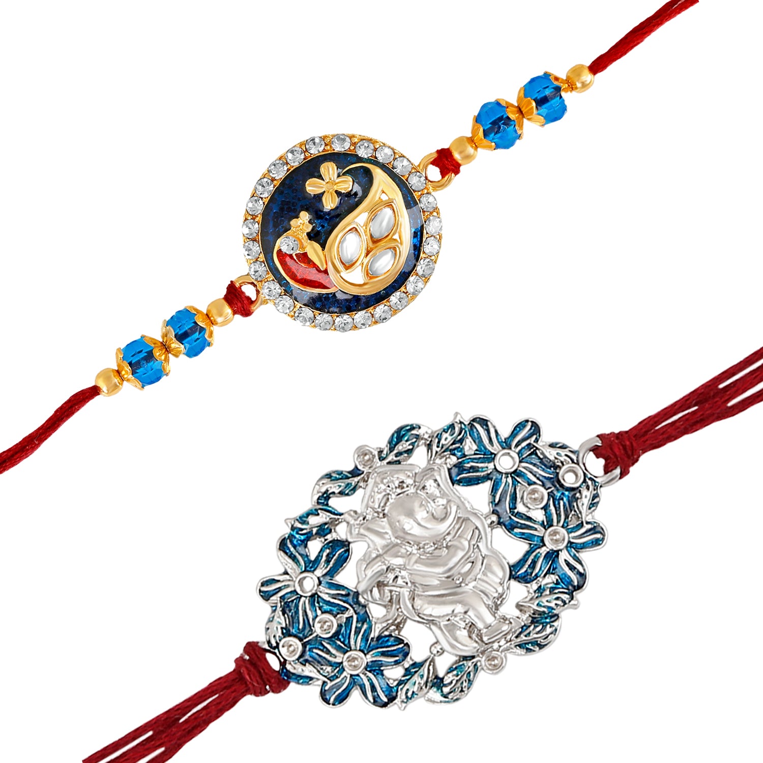 Combo of 2 Designer Meenakari Peacock and Floral Meenakari Lord Ganesha Rakhi (Bracelet)