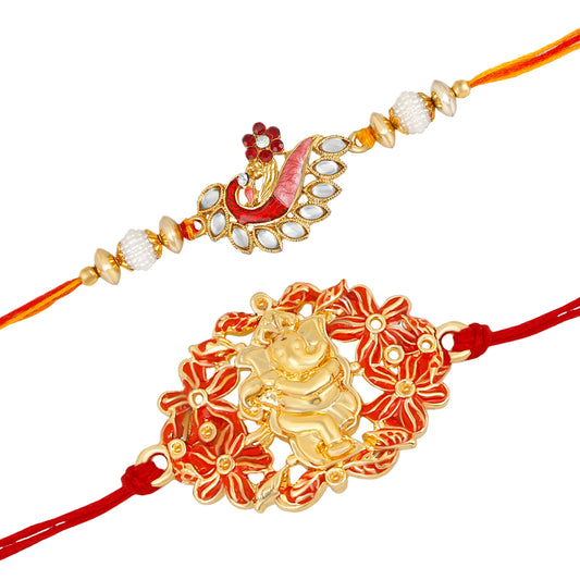Combo of 2 Meenakari Peacock and Floral Meenakari Lord Ganesha Rakhi (Bracelet)