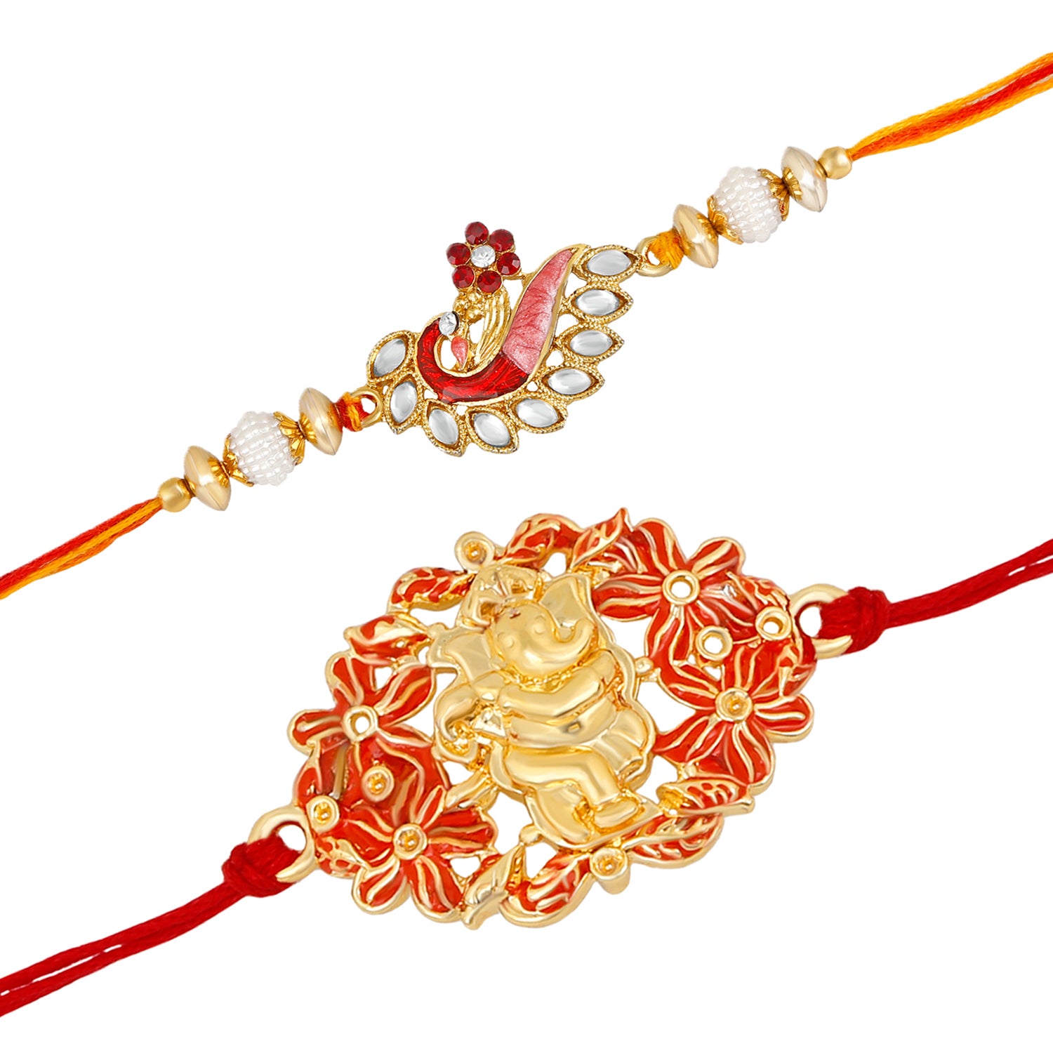 Combo of 2 Meenakari Peacock and Floral Meenakari Lord Ganesha Rakhi (Bracelet)