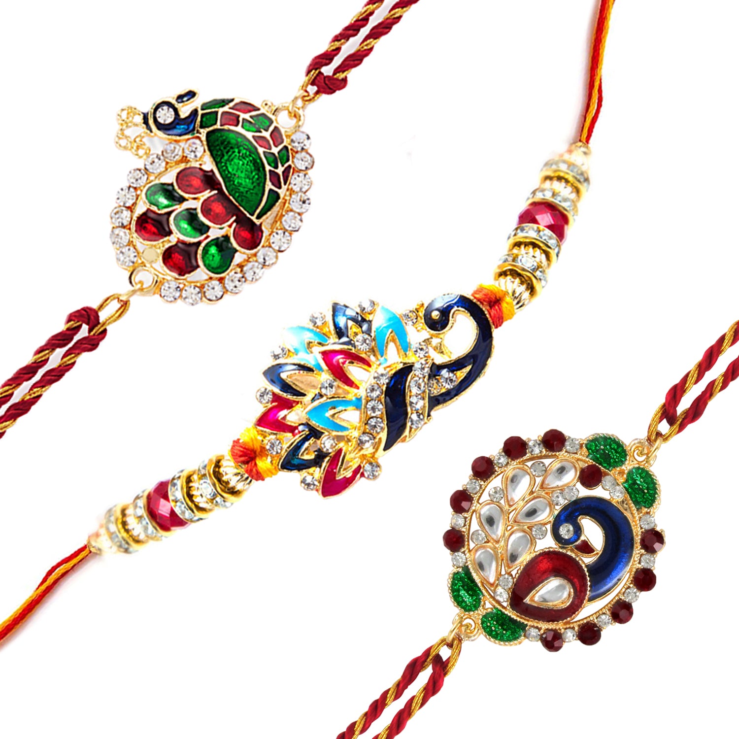 Meenakari Work Combo of Three Charming Peacock Shaped Rakhis