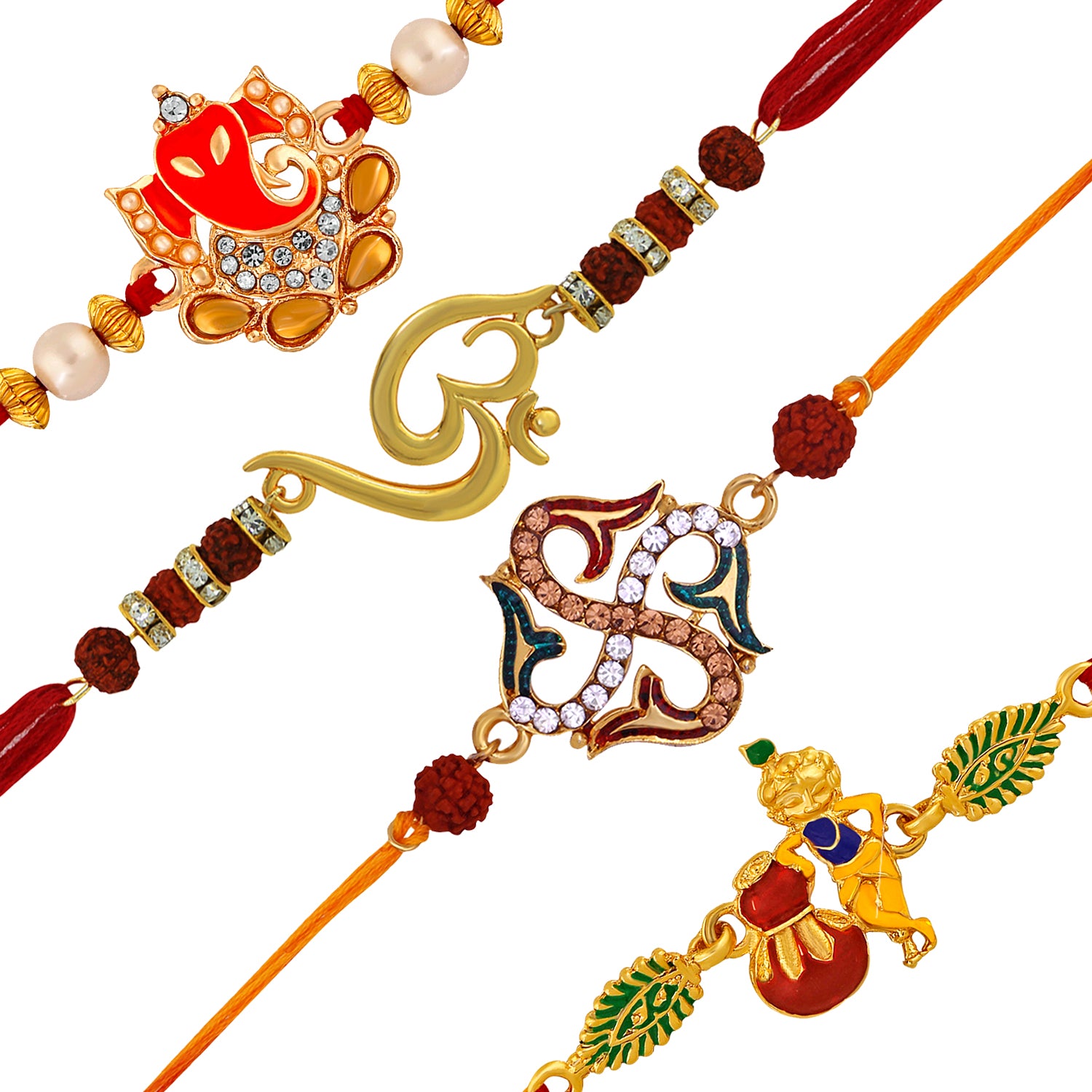 Combo of Om Ganesha Krishana and Swastik Rakhis