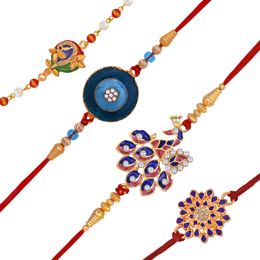 Combo of Floral and Peacock Shaped Meena Work Colorful Rakhi's