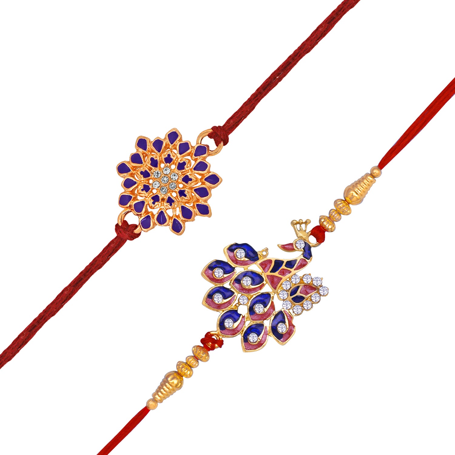 Combo of Floral and Peacock Shaped Meena Work Colorful Rakhi's