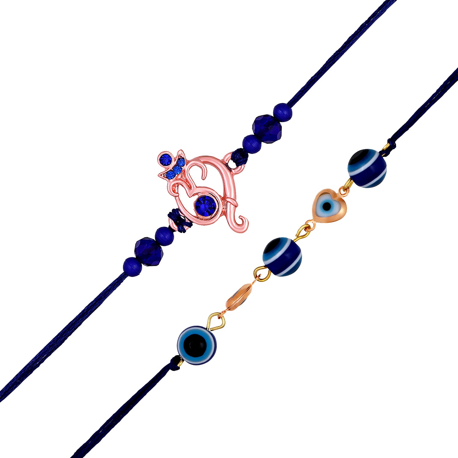 Combo of Ganesha and Evil Eye in Heart Rakhis