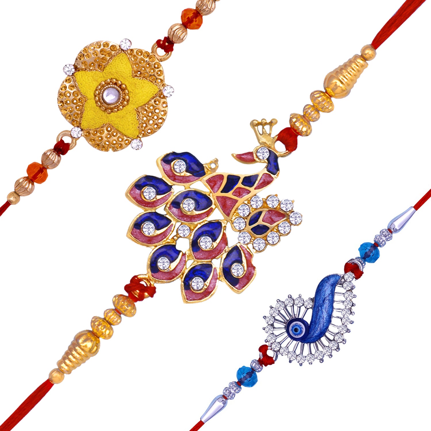 Combo of Floral, Evil Eye and Peacock Shaped Rakhi's