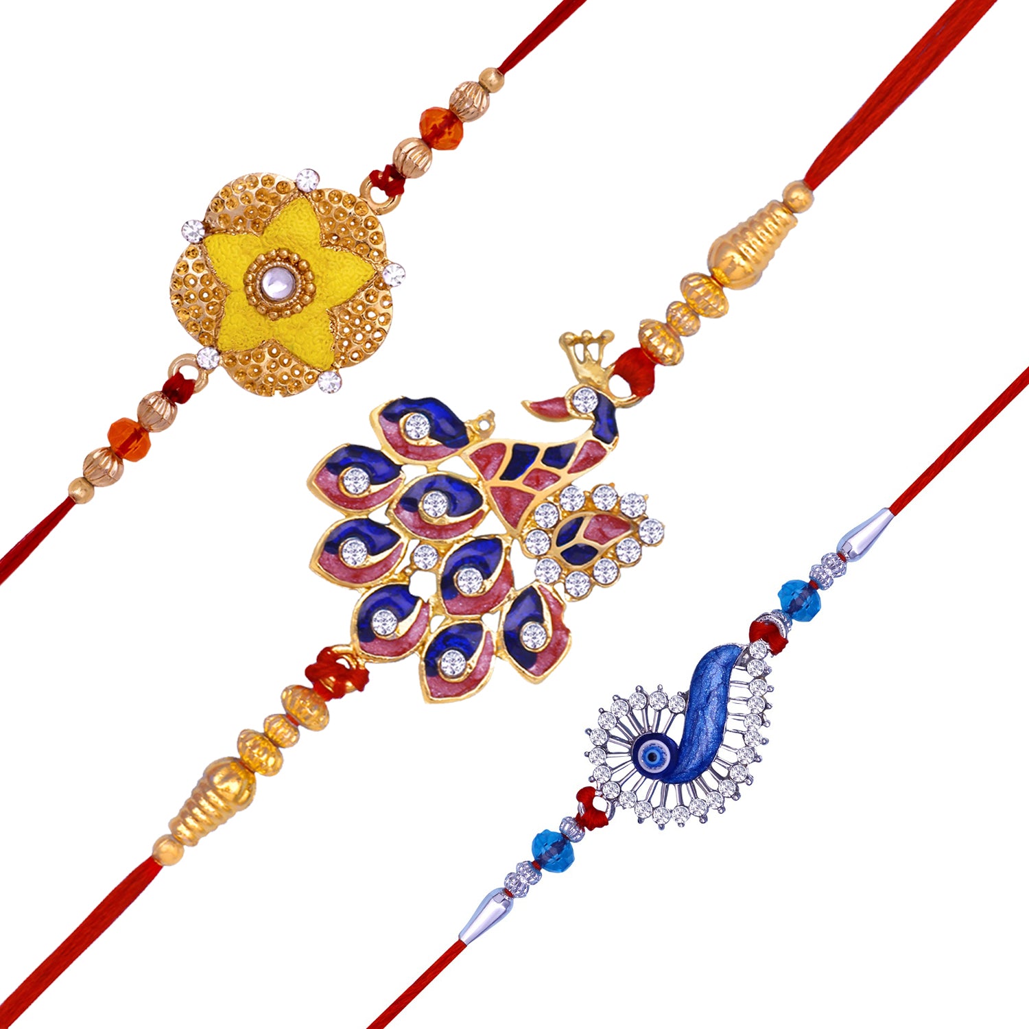 Combo of Floral, Evil Eye and Peacock Shaped Rakhi's