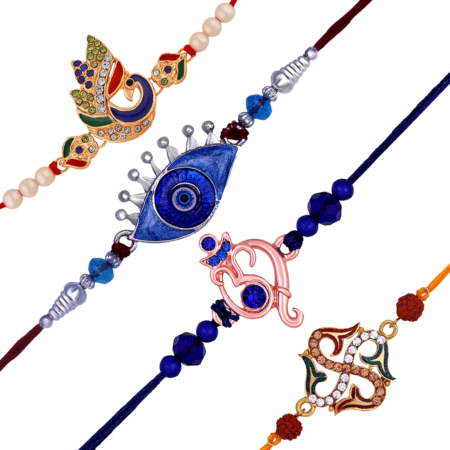 Multicolor Combo of Evil Eye, Ganpati, Swastik and Peacock Shaped Rakhi Set