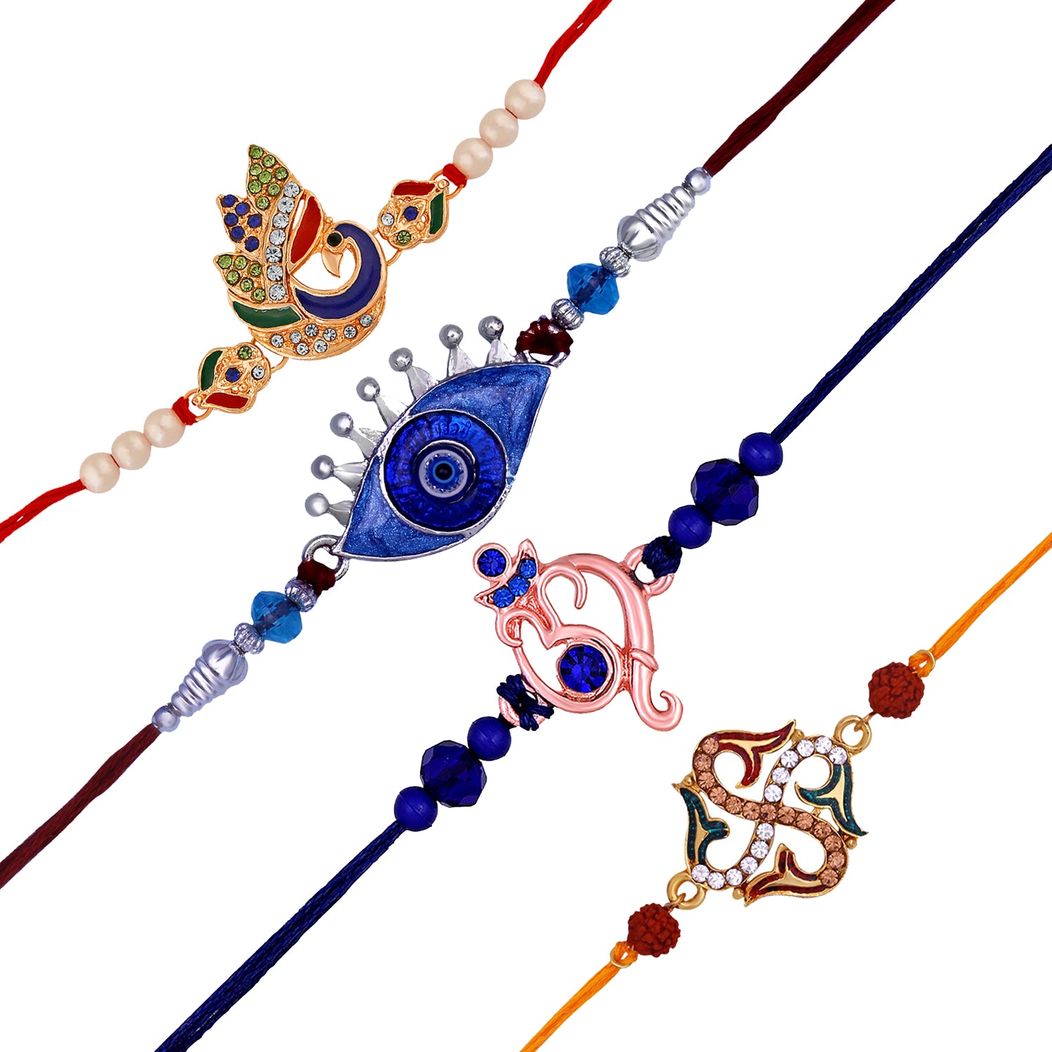 Multicolor Combo of Evil Eye, Ganpati, Swastik and Peacock Shaped Rakhi Set