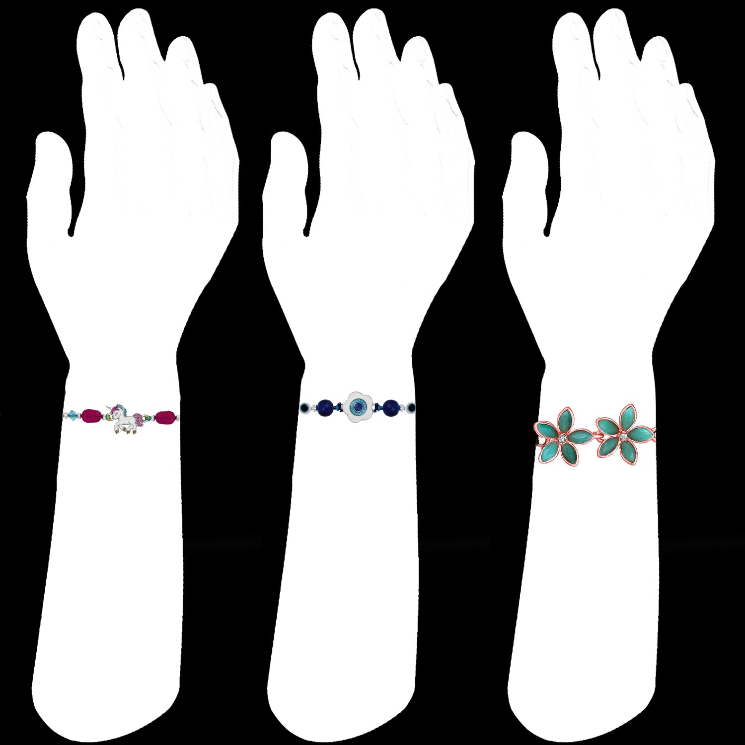 Combo of Evil Eye, Unicorn Shaped Floral Rakhi's