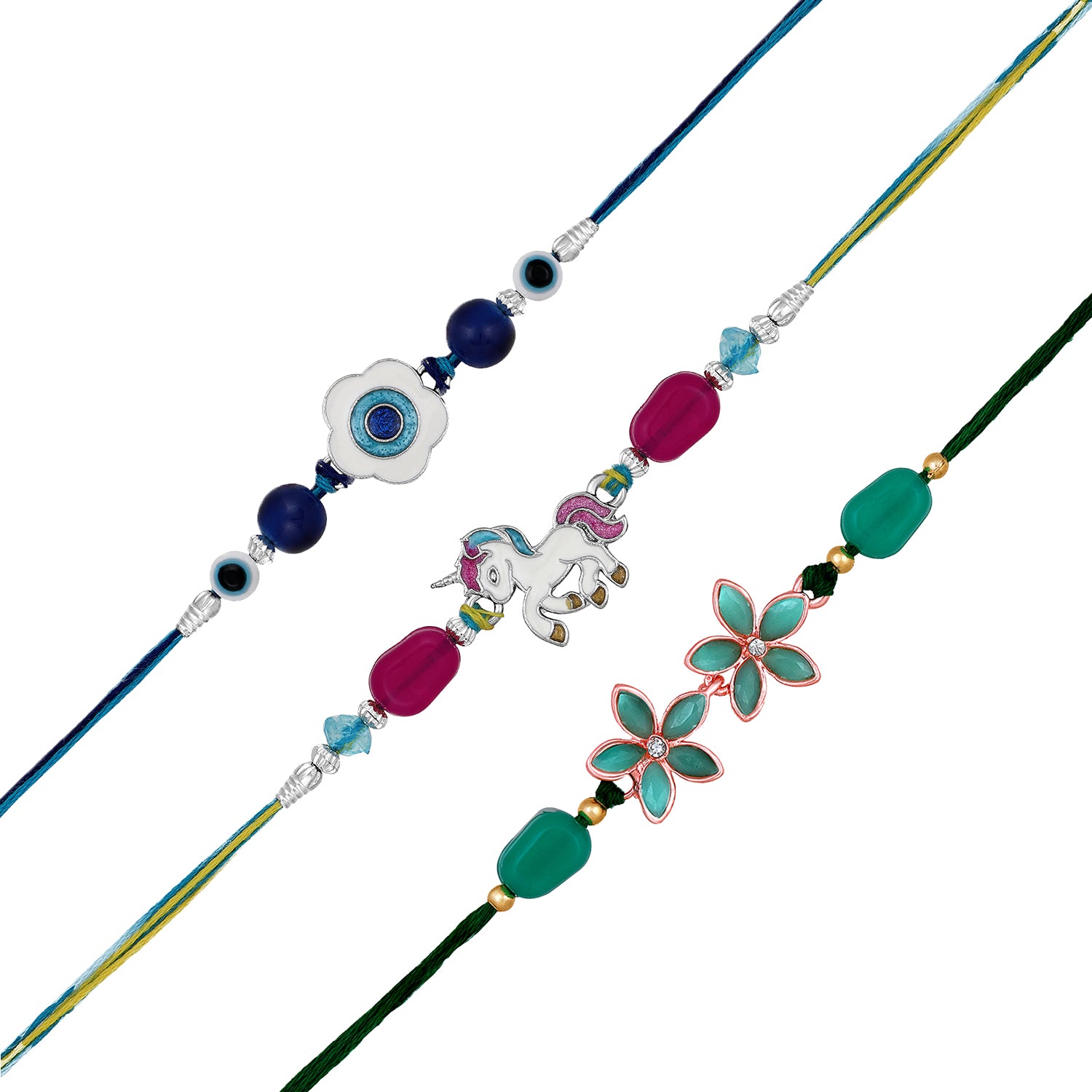 Combo of Evil Eye, Unicorn Shaped Floral Rakhi's