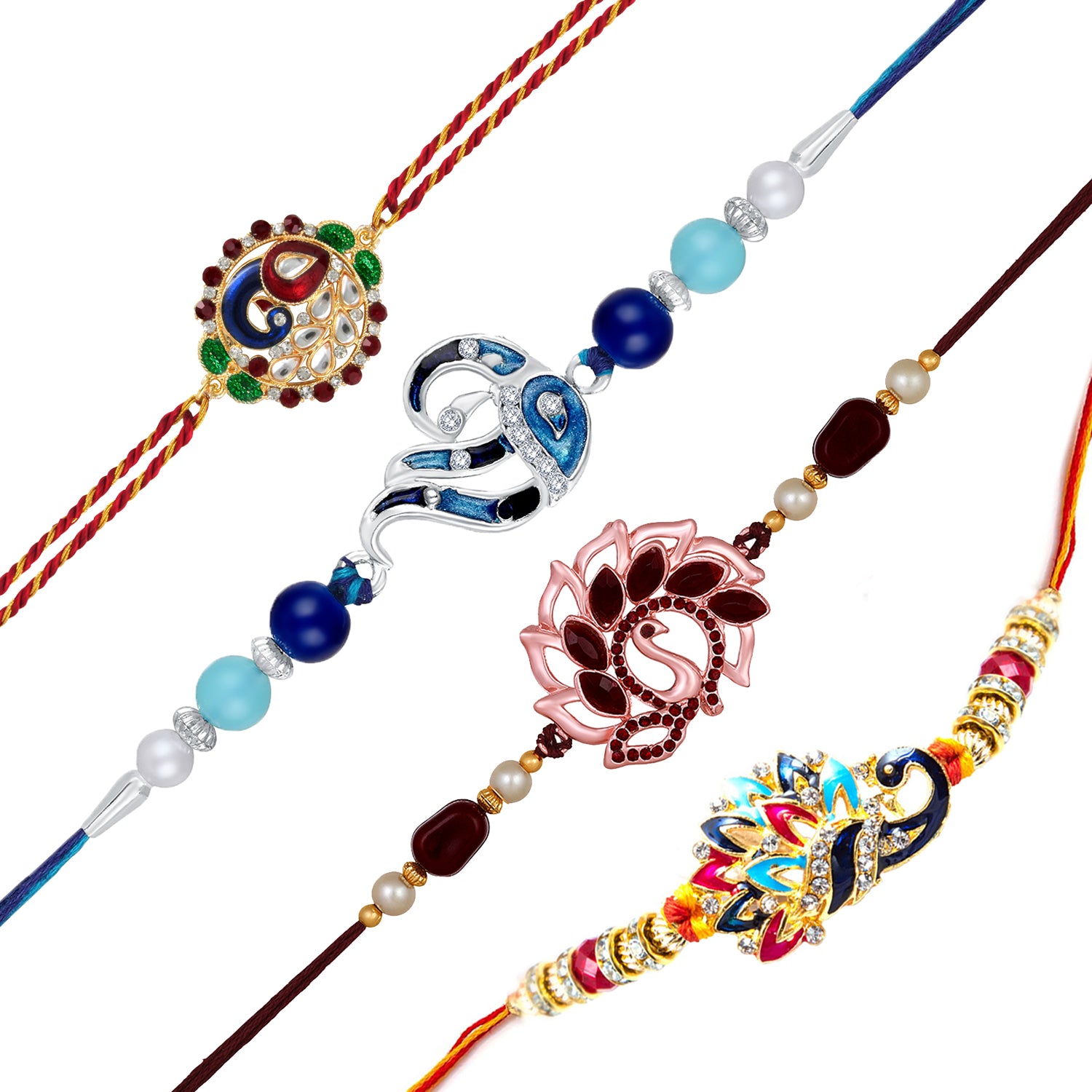 Combo of 4 Multicolor Crystals Peacock Shaped Rakhis