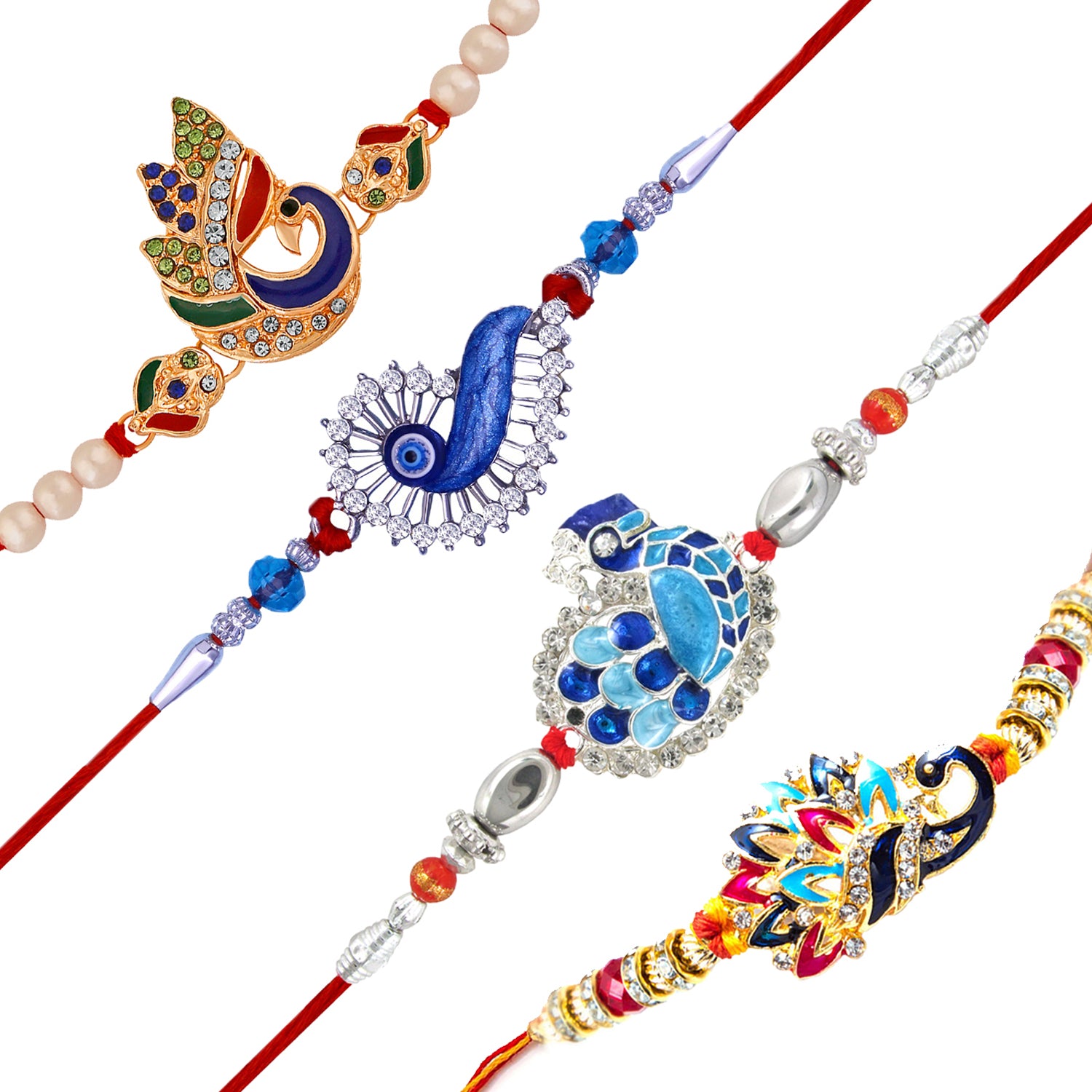 Combo of Evil Eye and Peacock Shaped Meenakari Work Rakhis