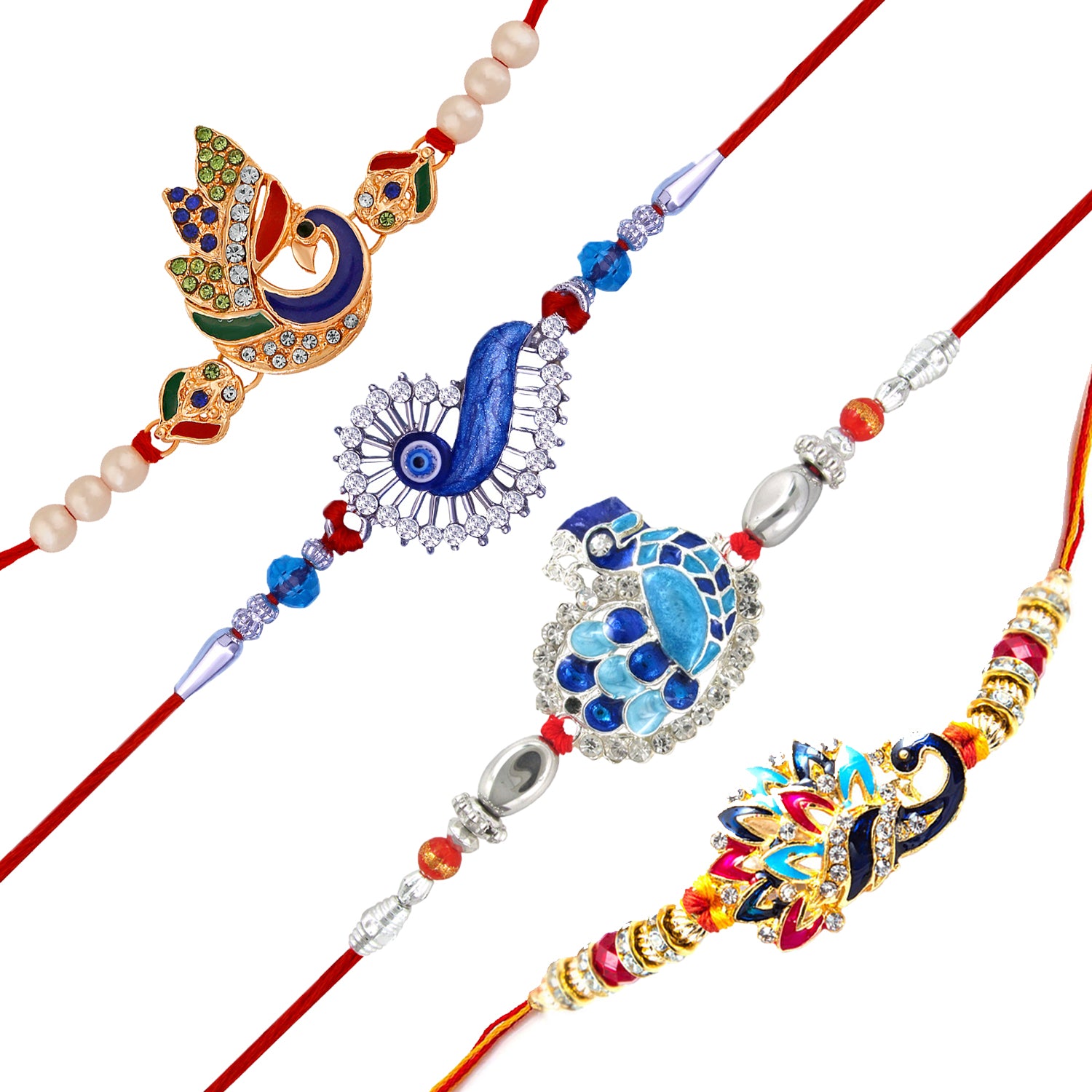 Combo of Evil Eye and Peacock Shaped Meenakari Work Rakhis