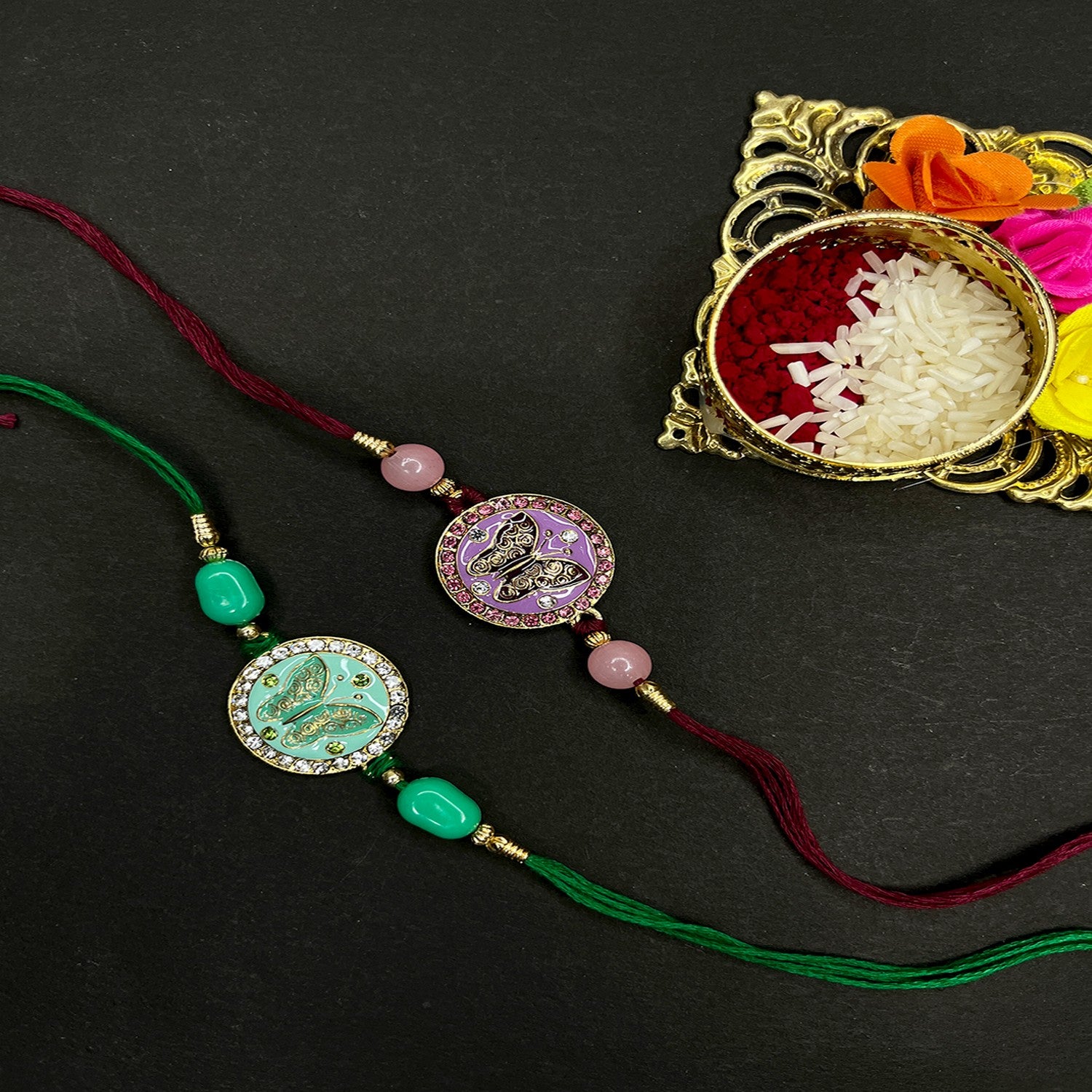 Combo of 2 Meenakari Work Enamel Round and Butterfly-Shaped Rakhi's