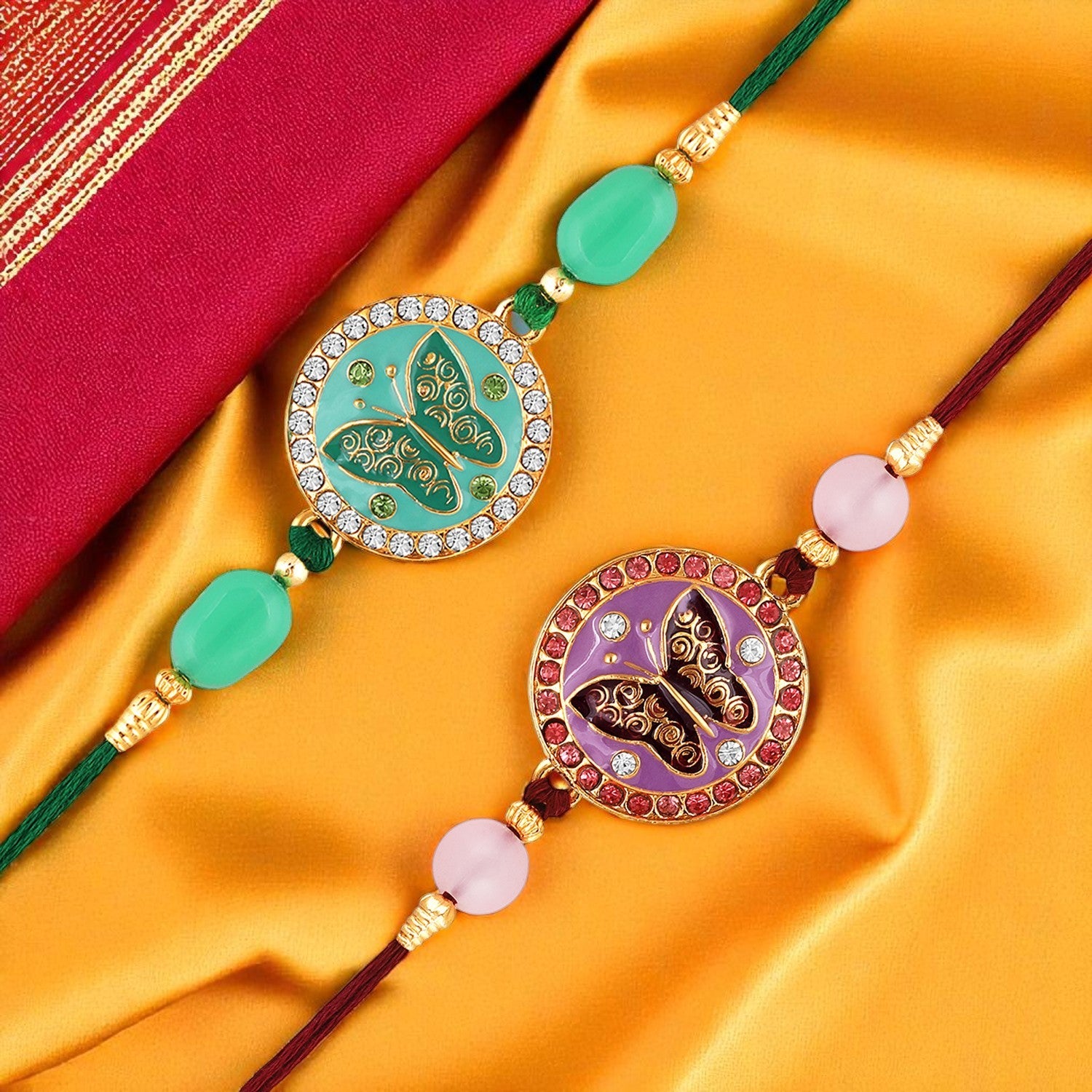 Combo of 2 Meenakari Work Enamel Round and Butterfly-Shaped Rakhi's