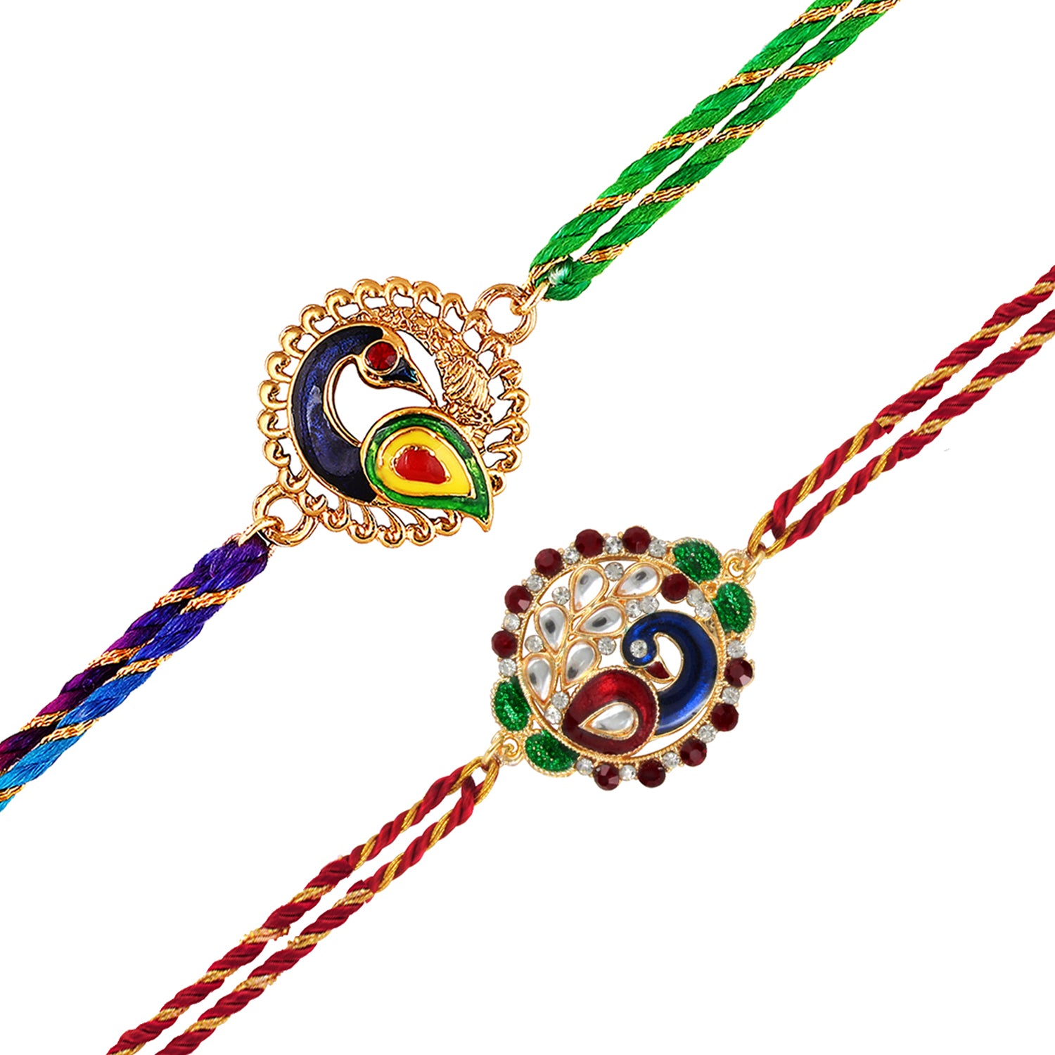 Combo of Meenakari Work 2 Peacock-Shaped Rakhi's