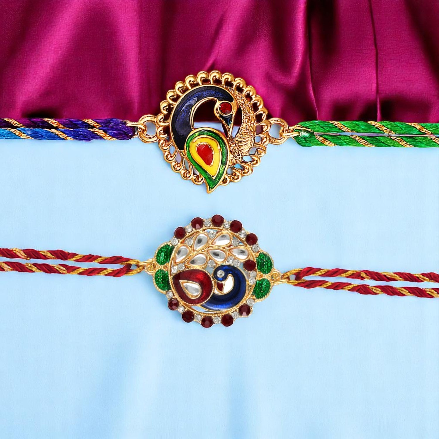 Combo of Meenakari Work 2 Peacock-Shaped Rakhi's
