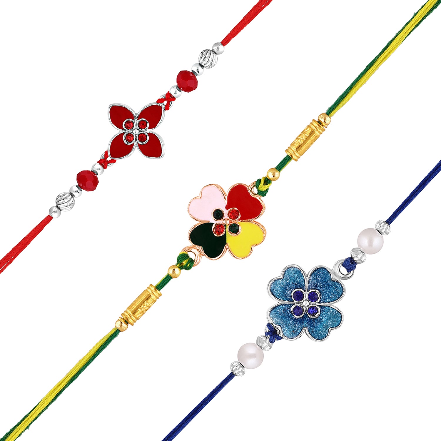 Combo of 3 Meenakari Worn\k and Studded Crystals Floral Rakhi