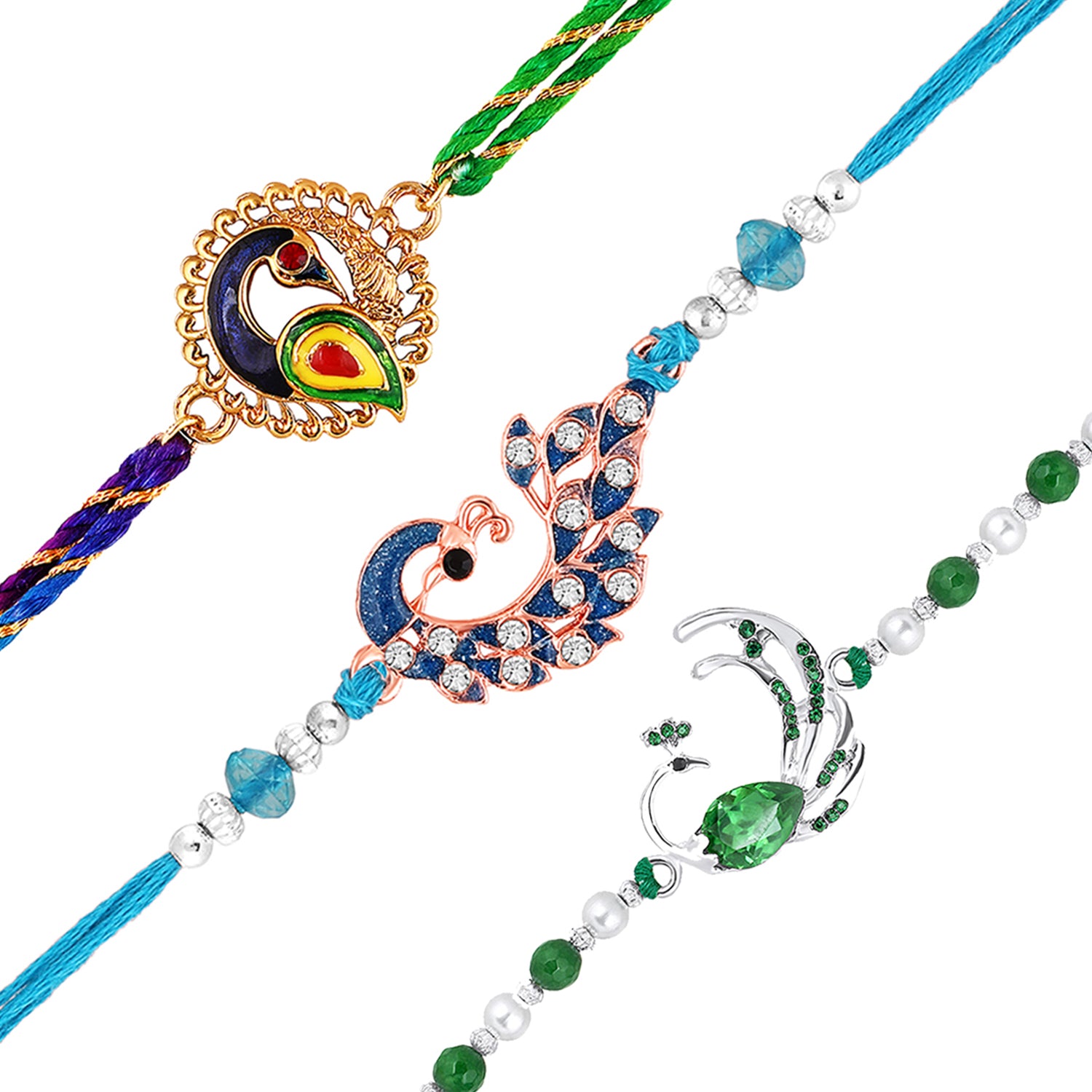 Combo of 3 Meenakari Work Peacock-Shaped Rakhis
