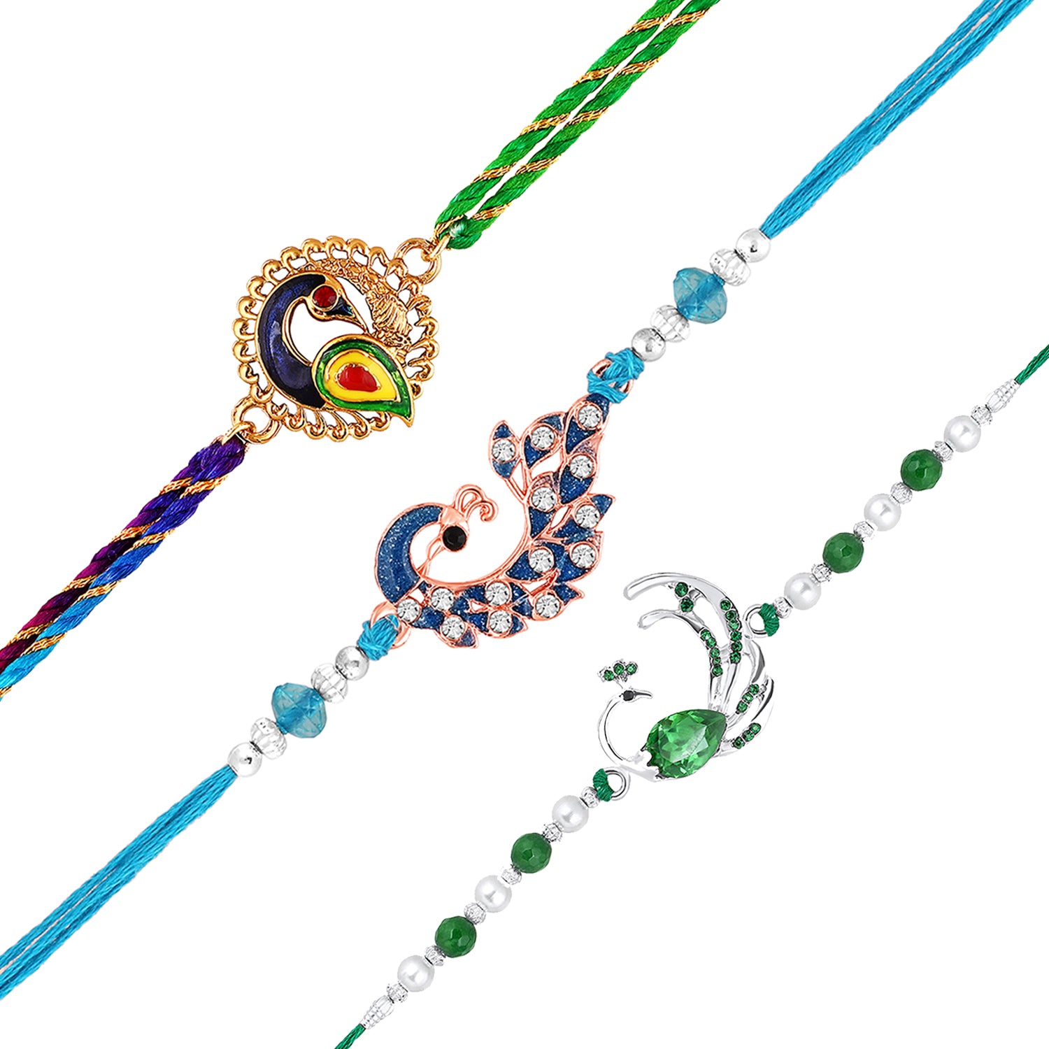 Combo of 3 Meenakari Work Peacock-Shaped Rakhis