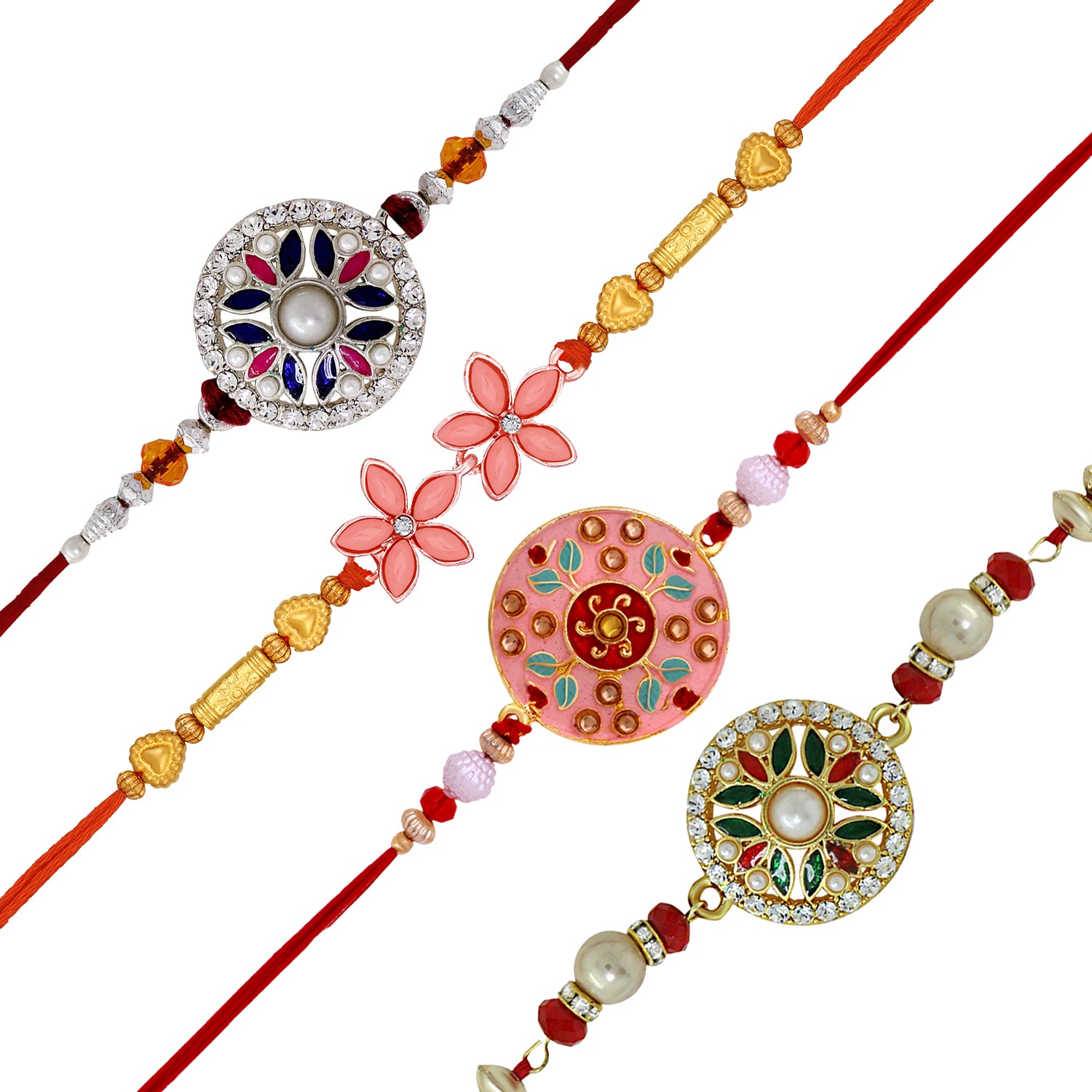 Combo of 4 Colurful Crystals Floral Rakhi