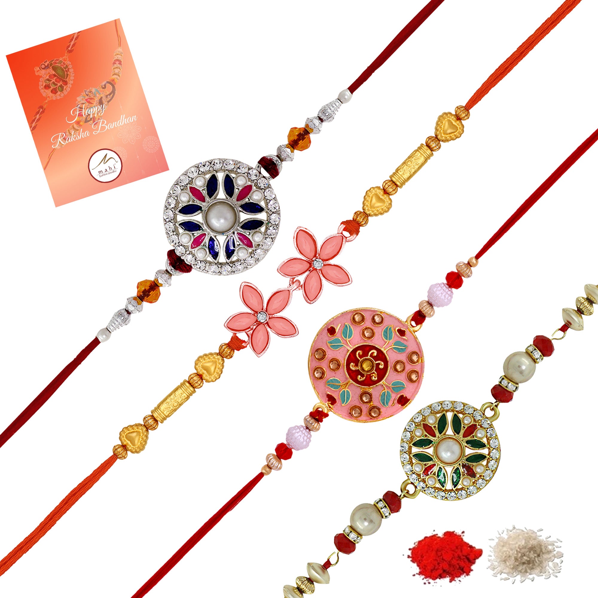 Combo of 4 Colurful Crystals Floral Rakhi