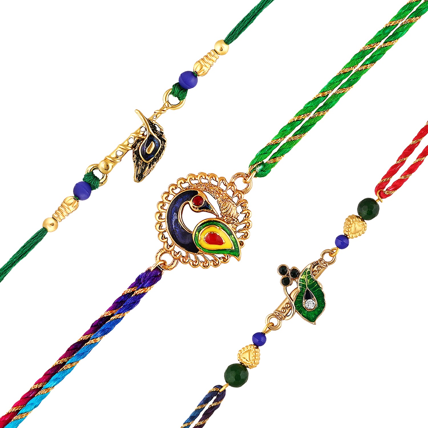 Peacock-Feather-Shaped Rakhi Combo Set of 3 for Brother