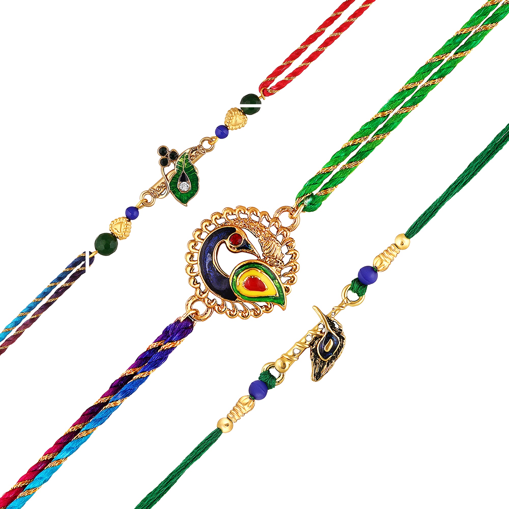 Peacock-Feather-Shaped Rakhi Combo Set of 3 for Brother