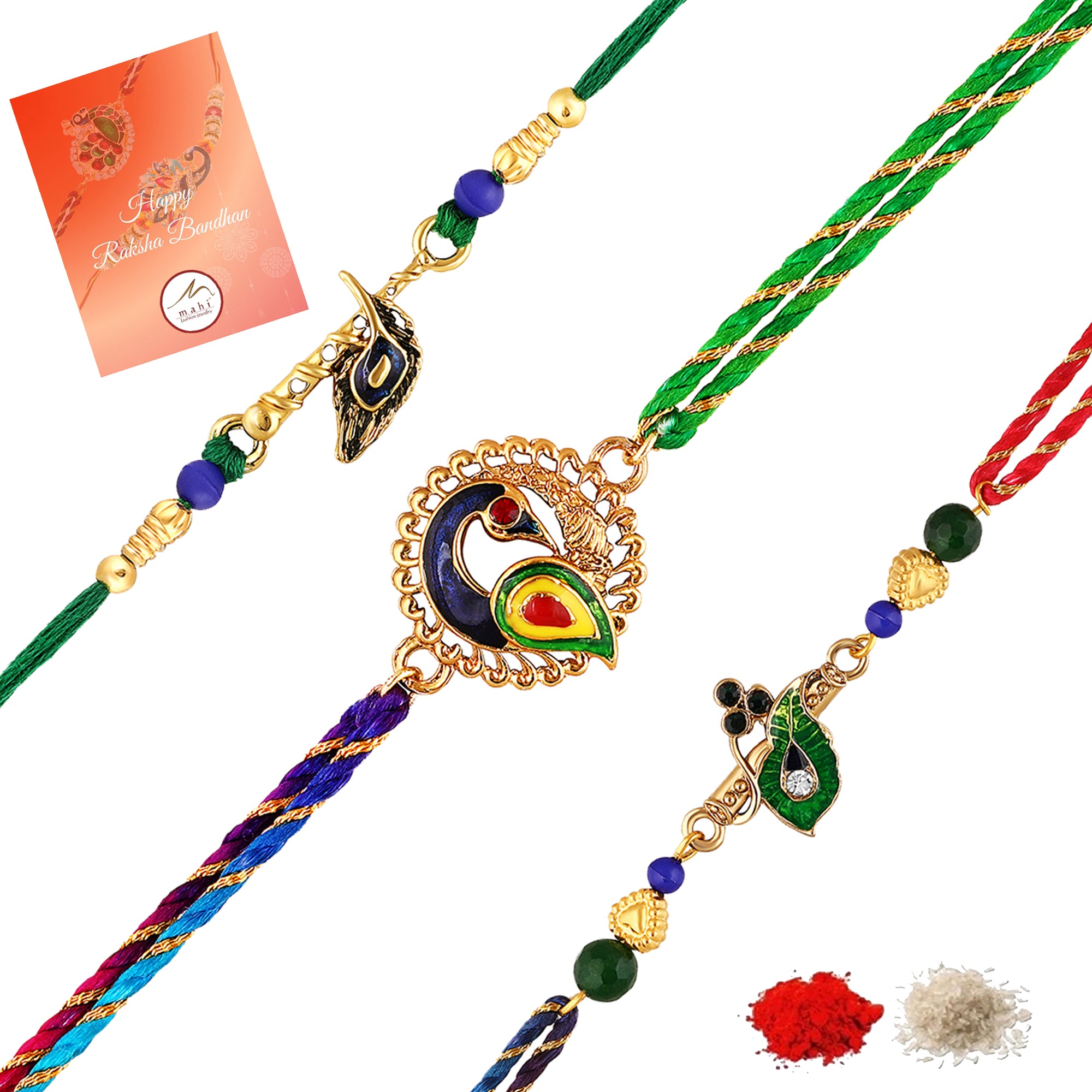 Peacock-Feather-Shaped Rakhi Combo Set of 3 for Brother