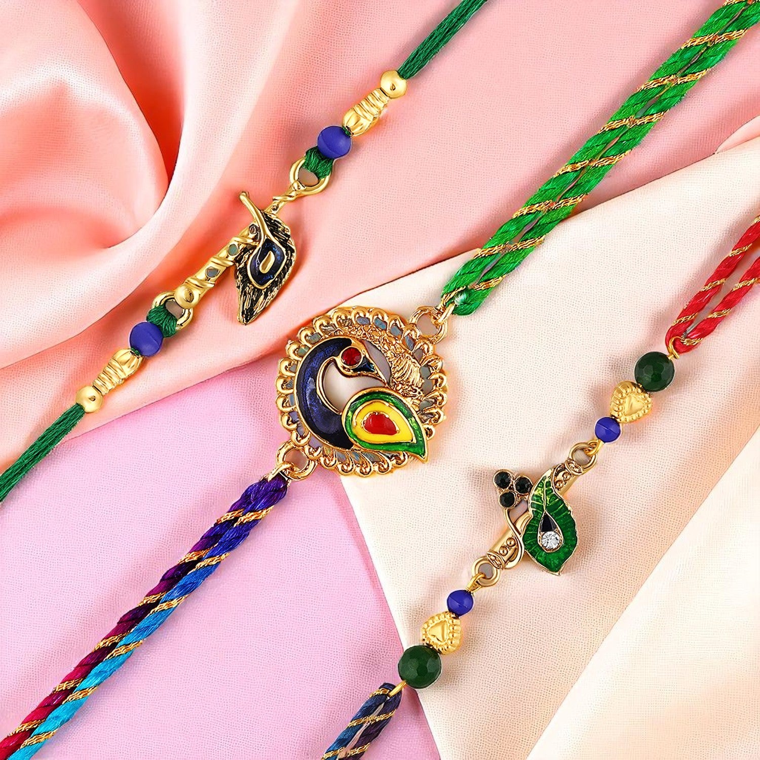 Peacock-Feather-Shaped Rakhi Combo Set of 3 for Brother