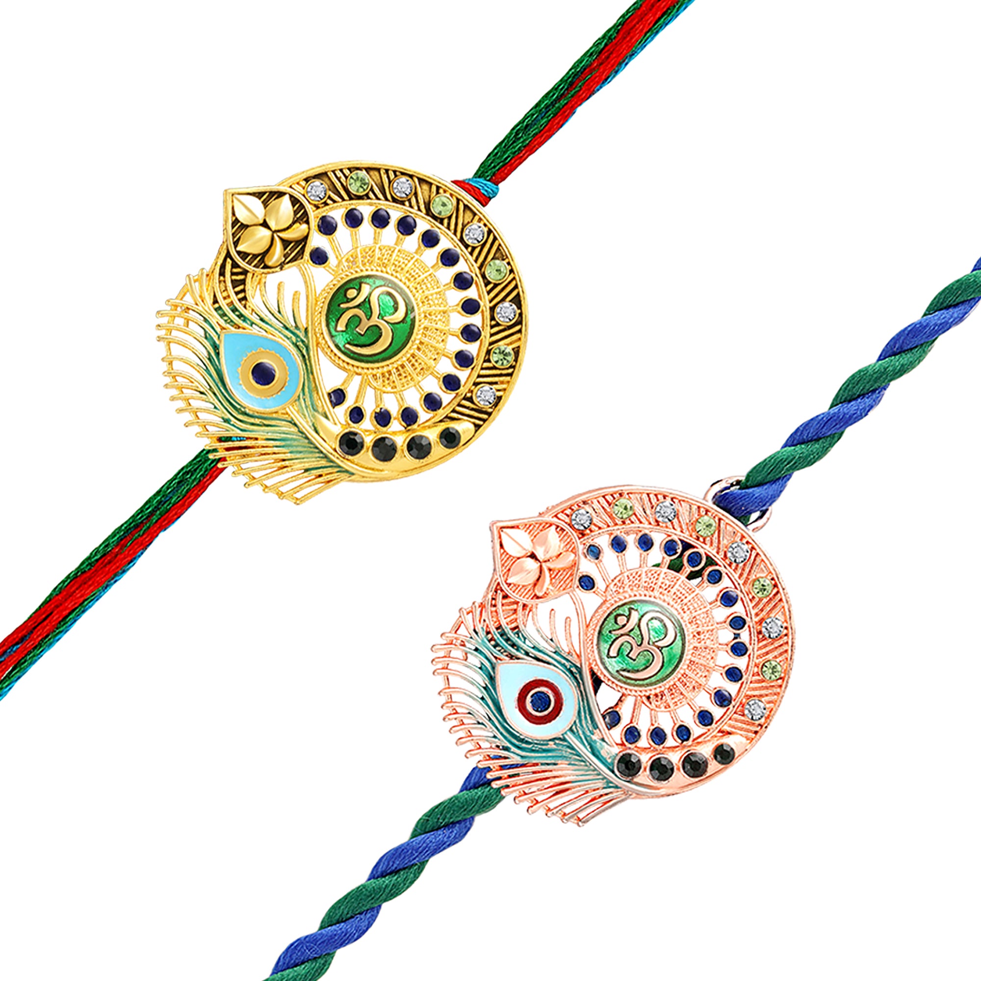 Om & Peacock-Feather-Shaped Rakhi Combo Set of 2